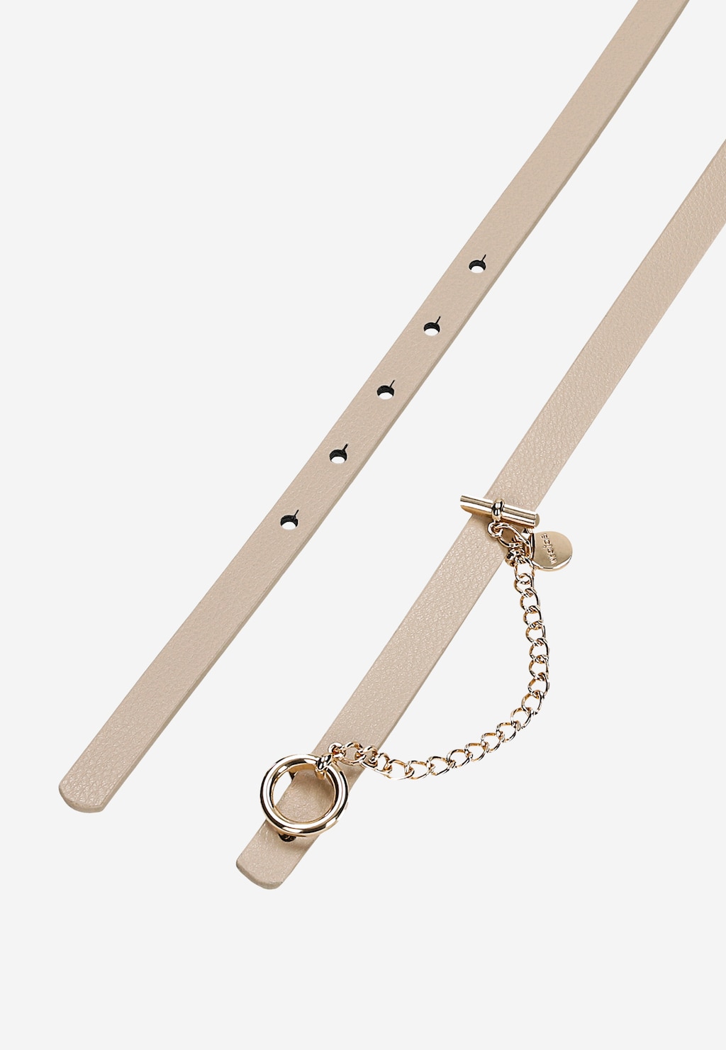 Dwustronny beżowo-brązowy pasek Wojas 93100-54 z eleganckim złotym łańcuchem, ozdobnym kółkiem i zawieszką z logo marki. Widoczne dziurki do regulacji długości.