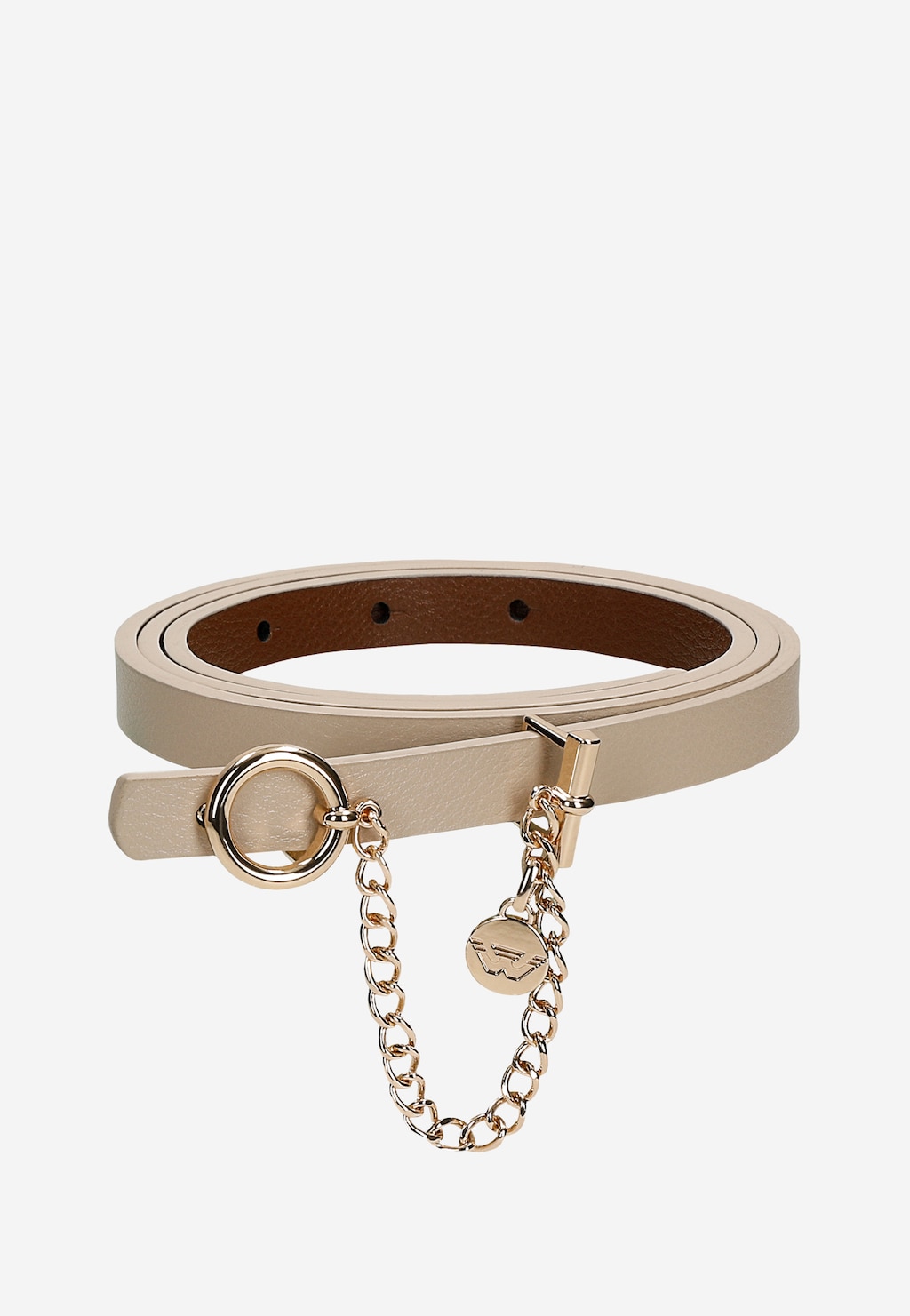 Dwustronny pasek Wojas 93100-54 w kolorze beżowo-brązowym z dekoracyjnym złotym łańcuchem, okrągłym zapięciem i zawieszką z logo marki.