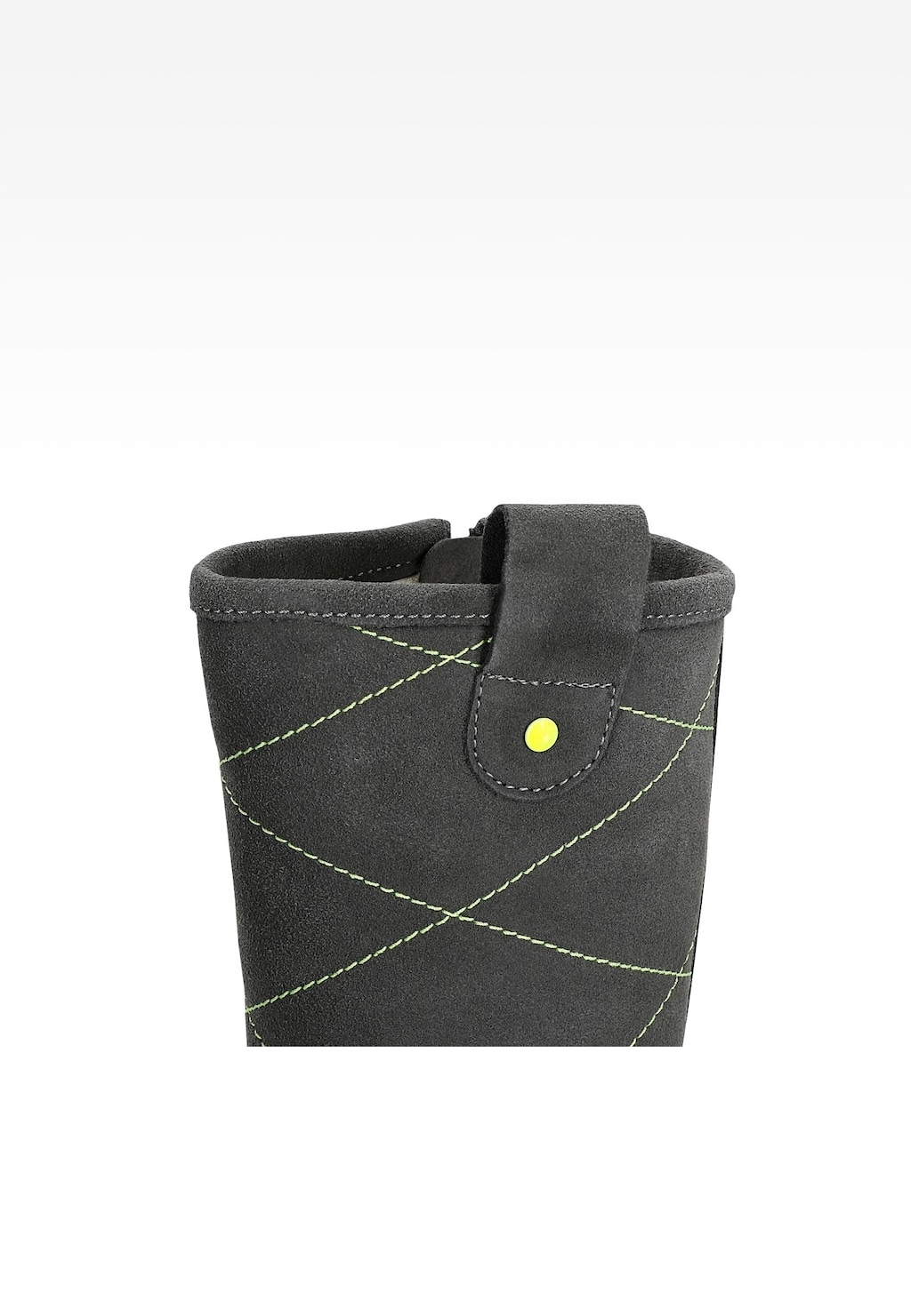 Szary kozak ocieplany Bartek W-34107/0ST dla dziewcząt z dekoracyjnymi jasnozielonymi przeszyciami i żółtym guzikiem, widok z góry.