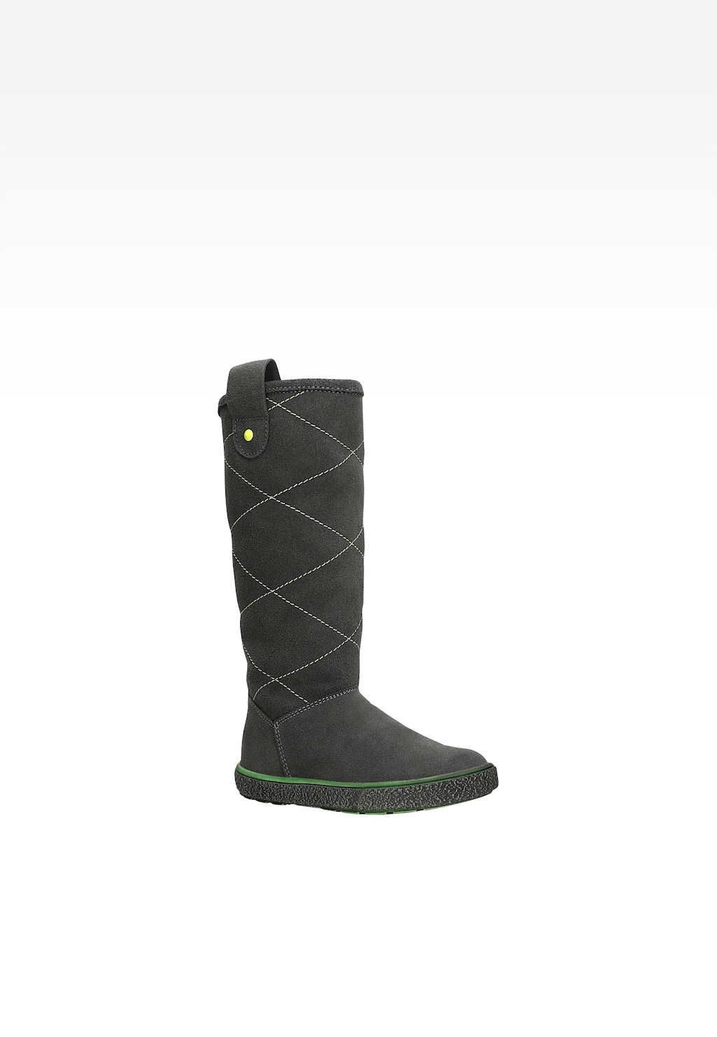 Szary kozak dziewczęcy Bartek W-34107/0ST z ociepleniem, zdobiony zielonymi przeszyciami w romby, z zielonym akcentem na pasku i podeszwie.