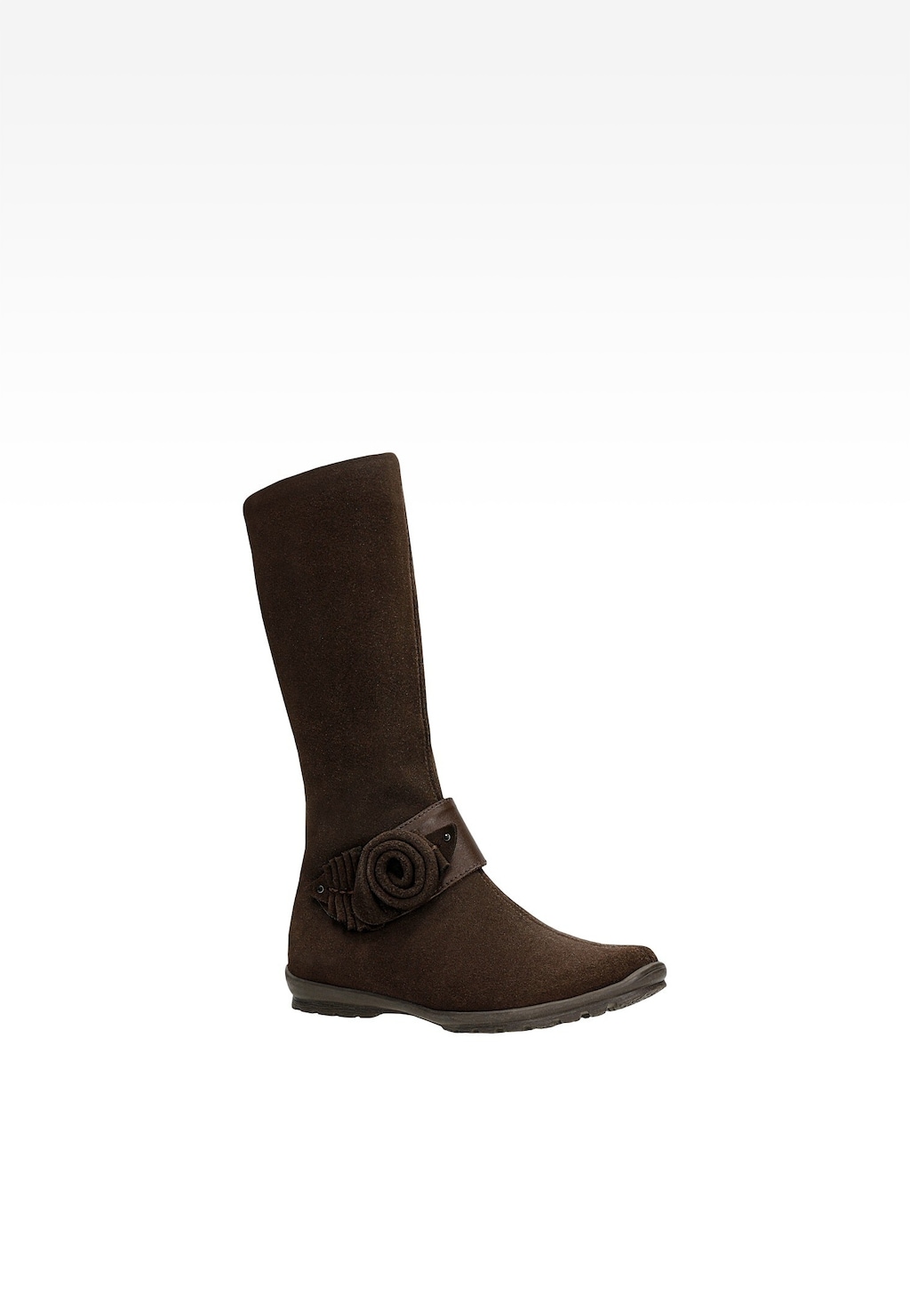 Brązowe kozaki dziewczęce Bartek W-34709/0G3 z wysoką cholewką i ozdobnym paskiem z okrągłym detalem, wykonane z zamszu, widok z boku.