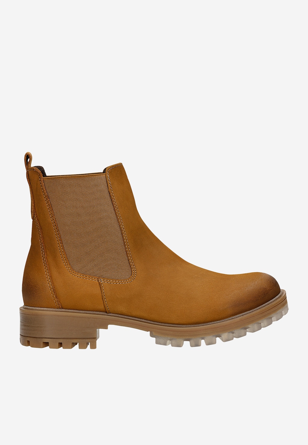 Brązowe ocieplane sztyblety damskie Wojas model 55032-22 z nubuku, z elastyczną wstawką po bokach i wyrazistą podeszwą z protektorem, idealne na zimę.