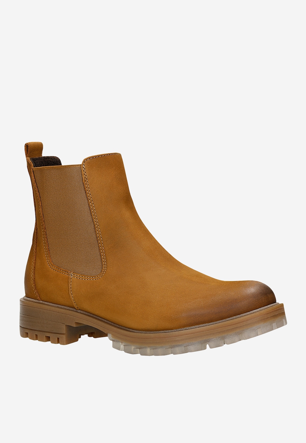 Brązowe ocieplane sztyblety damskie Wojas 55032-22 z nubuku, z elastyczną wstawką po bokach, na grubej podeszwie, idealne na zimę, w klasycznym fasonie Chelsea.