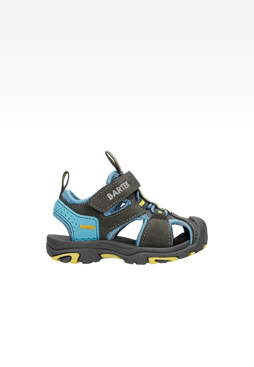 Sandały dziecięce Bartek 11042505 w szaro-niebieskim kolorze z żółtymi akcentami, z zapięciem na rzep i ochroną palców, idealne na aktywności na świeżym powietrzu.