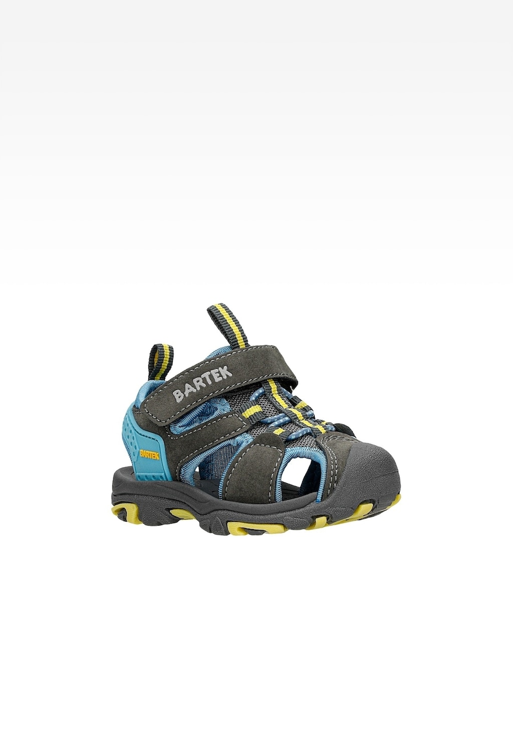 Dziecięce sandały Bartek 11042505 w kolorze szaro-niebieskim z żółtymi akcentami, z rzepem na cholewce, osłoniętymi palcami i antypoślizgową podeszwą.