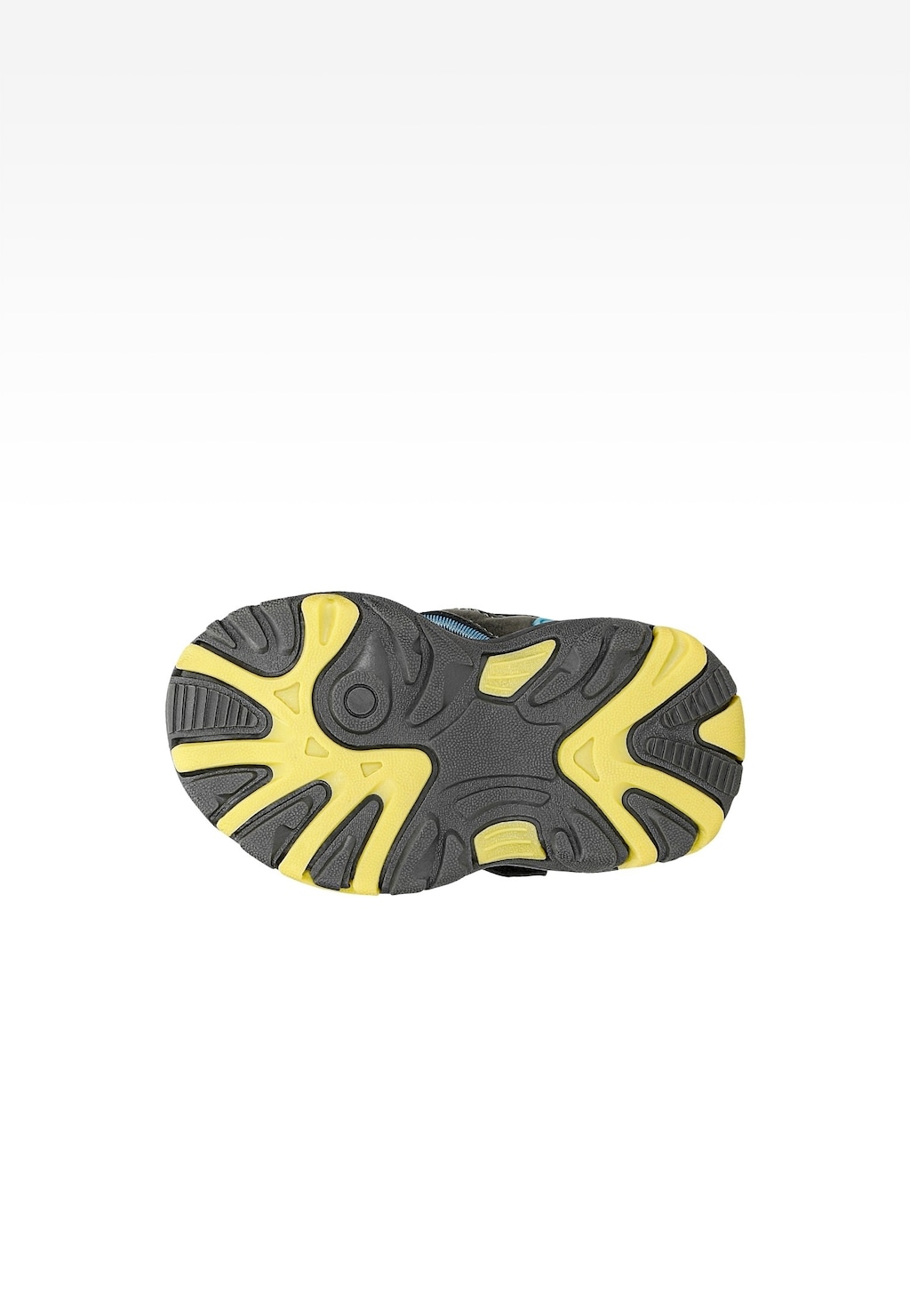 Podeszwa sandałów dziecięcych BARTEK 11042505 w kolorze szaro-niebieskim z żółtymi elementami antypoślizgowymi, widok od spodu pokazujący bieżnik.