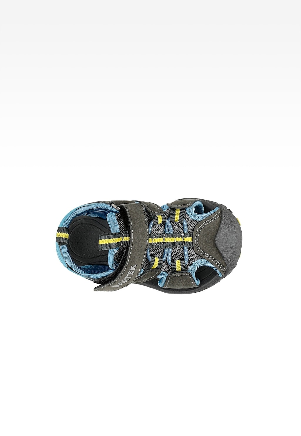 Sandał dziecięcy Bartek 11042505 w kolorze szaro-niebieskim z żółtymi akcentami, widok z góry, z zapięciem na rzep i gumowymi elementami.