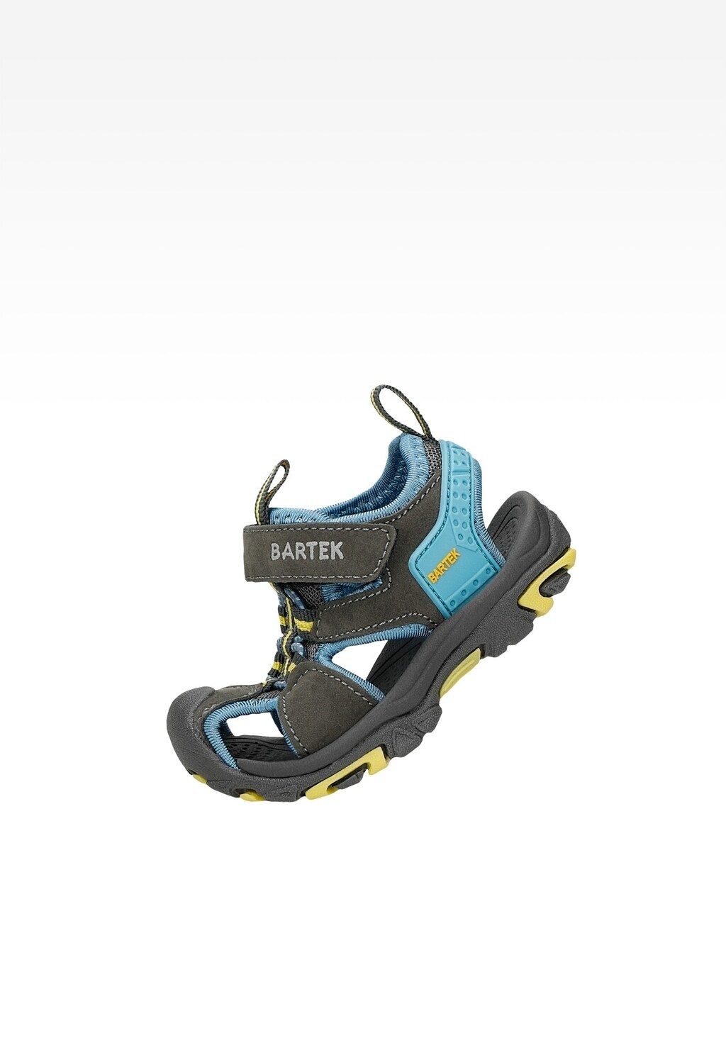 Dziecięce sandały Bartek 11042505 w kolorze szaro-niebieskim z żółtymi akcentami, zapinane na rzep, z wytrzymałą podeszwą i ochroną palców, idealne do aktywnej zabawy.