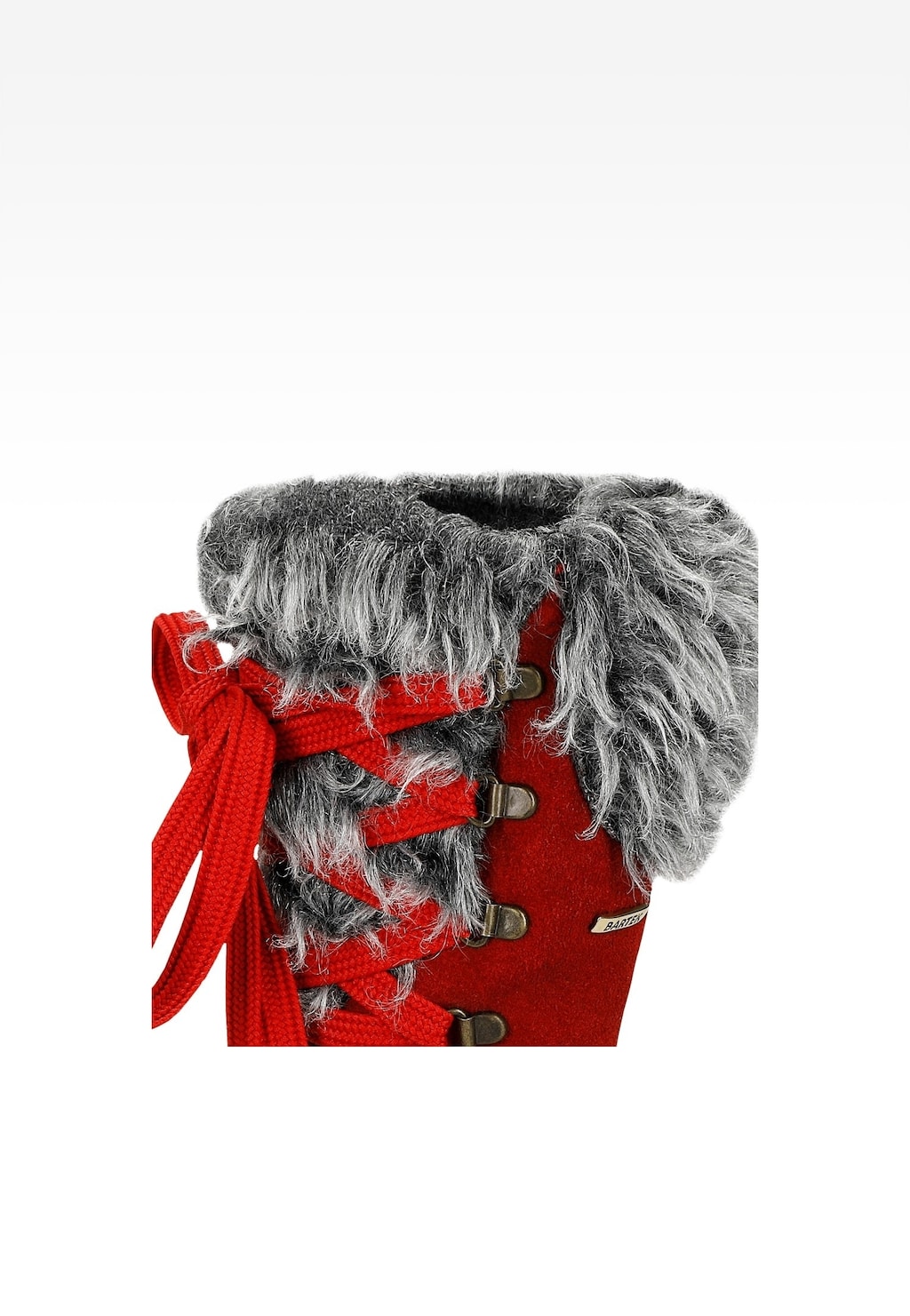 Czerwone kozaki ocieplane Bartek T-77328/09K dla dziewcząt z szarym futrzanym wykończeniem i czerwonymi sznurówkami, idealne na zimowe dni.