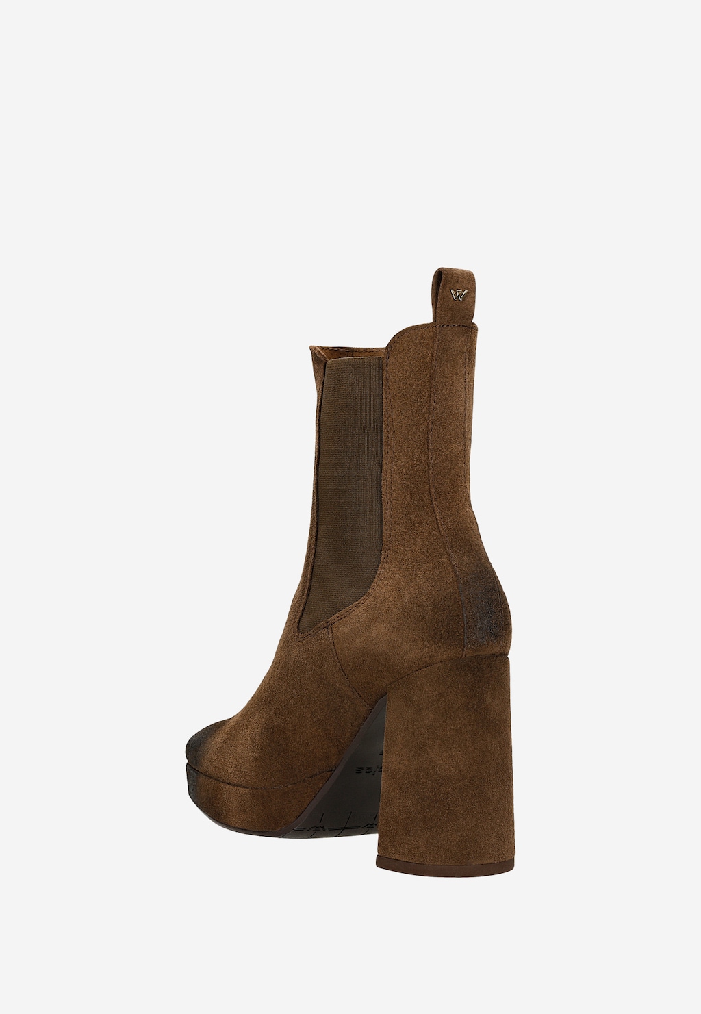 Brązowe sztyblety damskie Wojas model 55212-62 z widoczną tylną częścią buta, wykonane z zamszu, na wysokim, masywnym słupku i platformie, z elastyczną wstawką z boku.