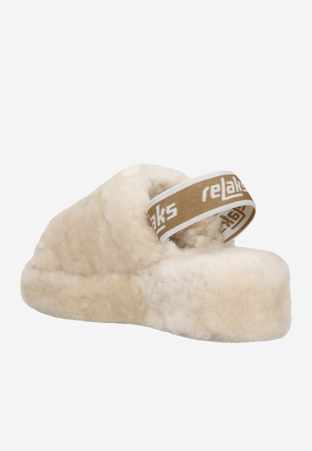 Beżowy puchaty kapec damski RELAKS model R34006-64 z charakterystyczną elastyczną gumką z logo marki, widok z boku ukazujący miękkie futrzane wykończenie.