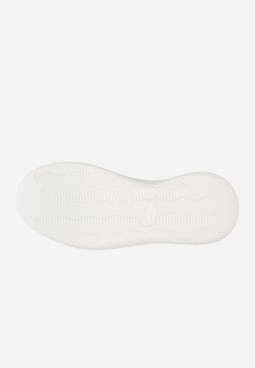 Biała, lekka podeszwa butów RELAKS model R46168-14 z charakterystycznym wzorem falistym i logo marki na środku, zapewniająca komfort i amortyzację.
