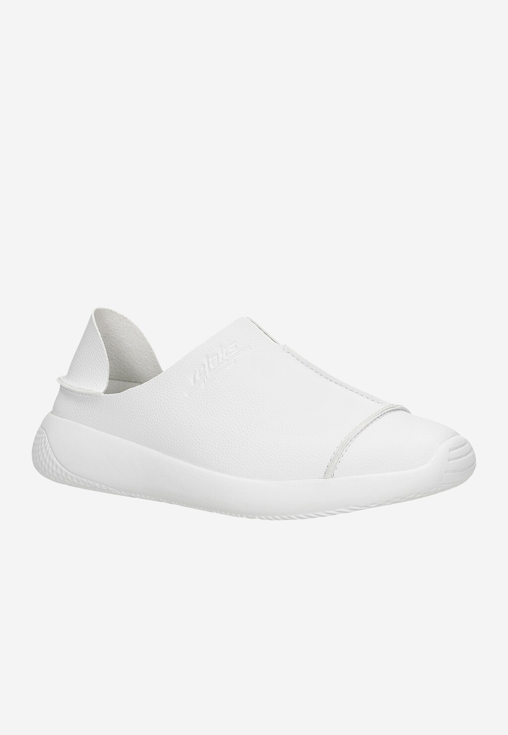 Lekkie białe półbuty RELAKS R46168-19 z boku, wykonane ze skóry, z elastyczną cholewką, na płaskiej podeszwie, idealne do codziennego noszenia.