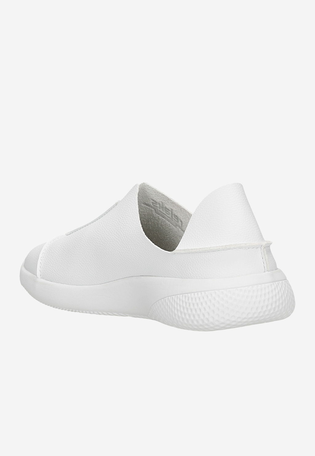 Lekkie białe półbuty RELAKS model R46168-19 z widoczną tylną częścią, charakteryzujące się gładką skórzaną cholewką i elastyczną podeszwą o teksturowanej powierzchni.