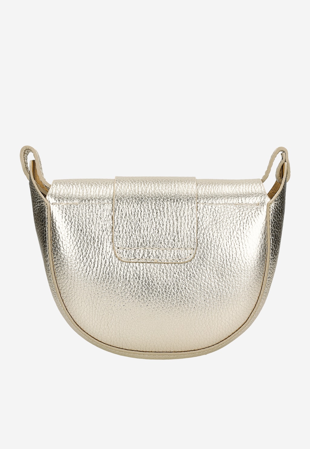 Złota metaliczna torebka Wojas model 9816-58 z połyskującej, teksturowanej skóry. Elegancki półokrągły kształt z subtelnymi uchwytami i klapą na przodzie.