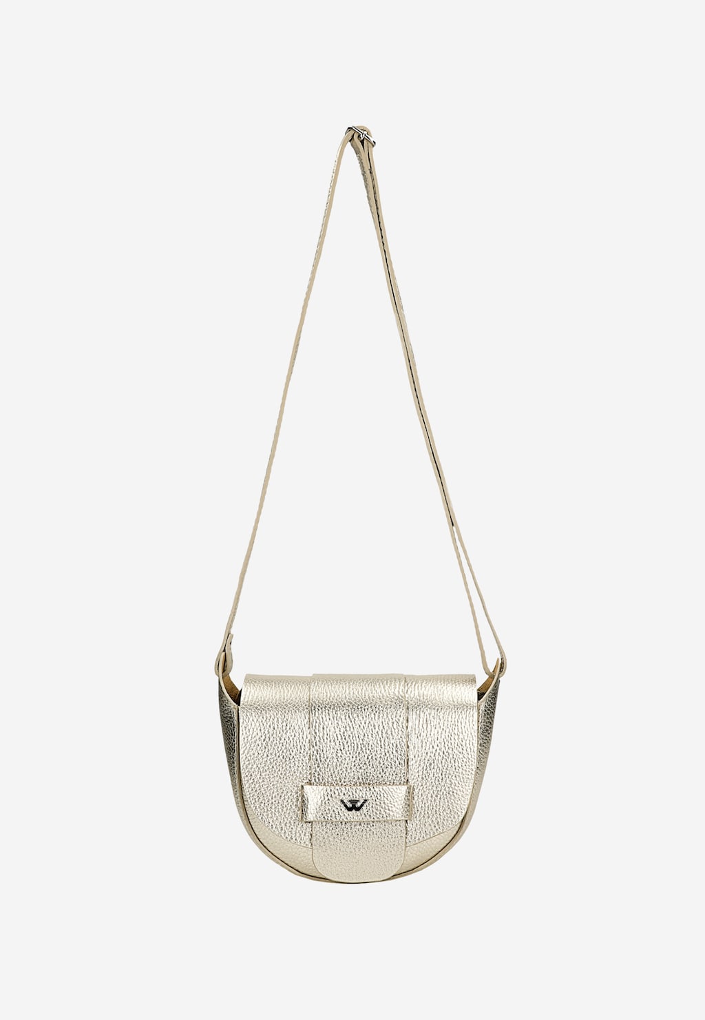 Złota metaliczna torebka damska Wojas model 9816-58 z regulowanym paskiem na ramię, półokrągłym kształtem i charakterystyczną klapką z logo marki.