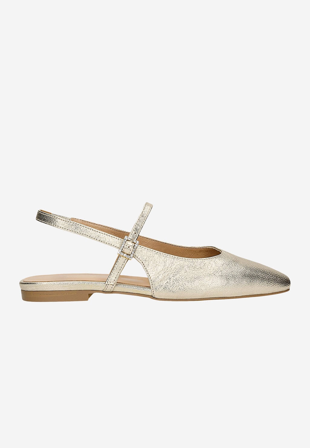 Złote baleriny Wojas model 44047-58 z odkrytą piętą, spiczastym noskiem i regulowanym paskiem na kostce. Eleganckie obuwie na płaskim obcasie z metalicznym wykończeniem.
