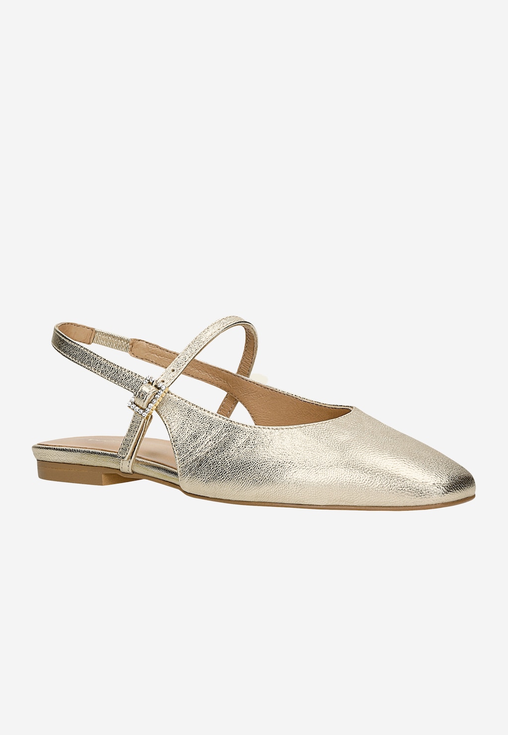 Złote baleriny Wojas model 44047-58 z odkrytą piętą, spiczastym noskiem i regulowanym paskiem na pięcie. Eleganckie obuwie o metalicznym złotym wykończeniu.