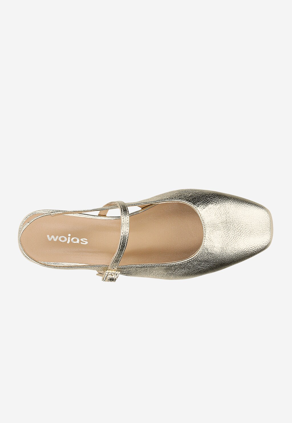 Złote baleriny Wojas model 44047-58 z odkrytą piętą, widok z góry. Eleganckie obuwie z charakterystycznym paskiem na podbiciu i kwadratowym noskiem. Wyraźnie widoczne logo marki.