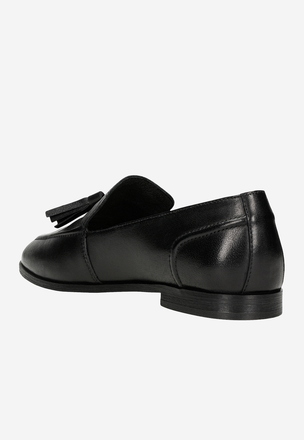 Czarne skórzane lordsy damskie Wojas model 46272-51 z ozdobnym chwostem, widok z boku ukazujący elegancki profil buta, niski obcas i klasyczny design.