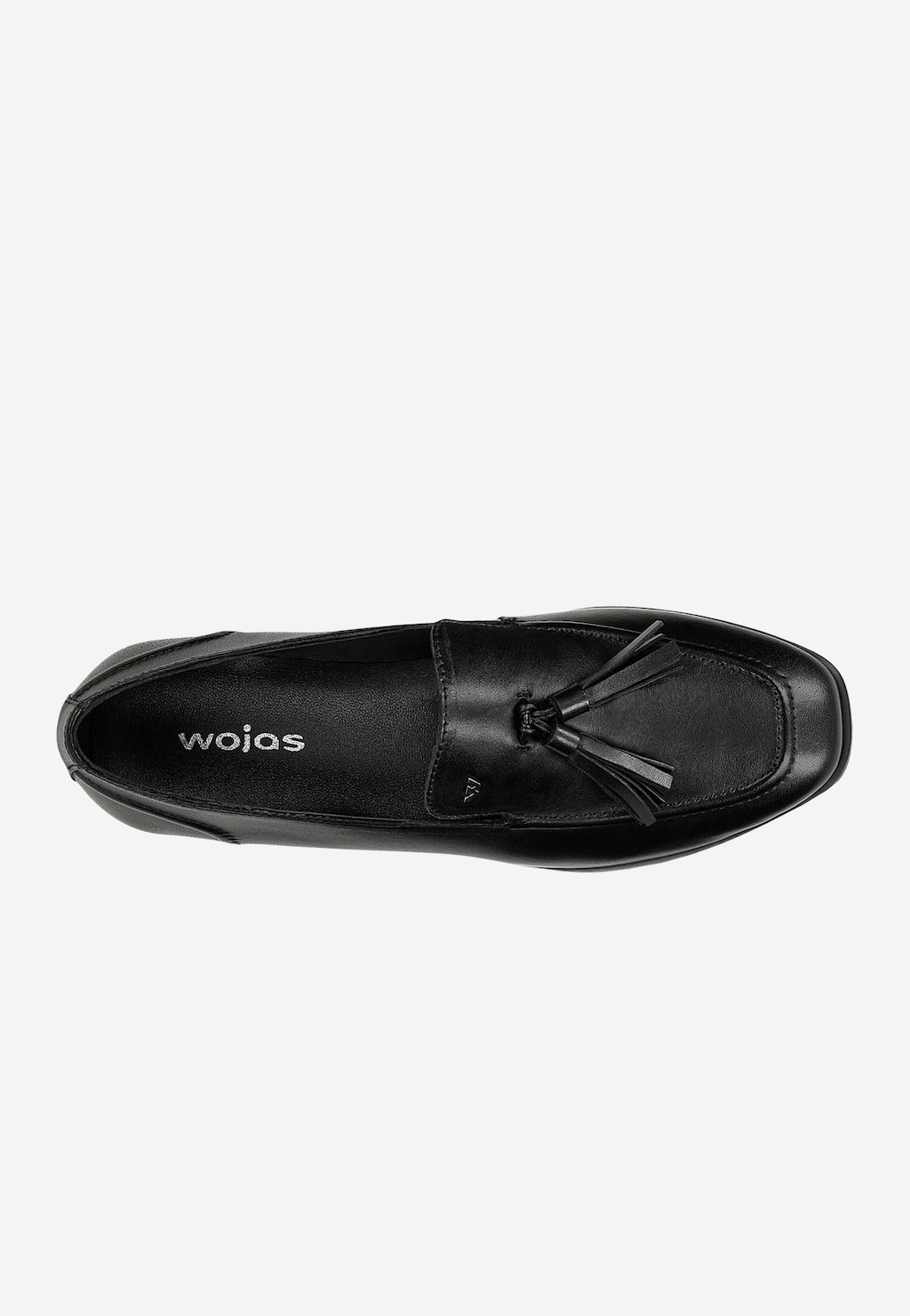 Czarne skórzane lordsy damskie Wojas 46272-51 z ozdobnym chwostem, widok z góry. Eleganckie obuwie z widocznym logo marki na wkładce.