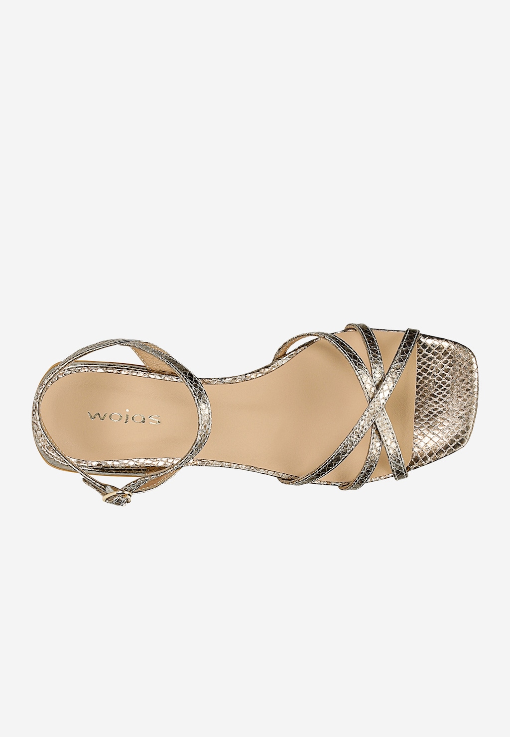 Złote sandały Wojas model 76171-58 z tłoczonej skóry w widoku z góry. Eleganckie paski z wężowym wzorem, kwadratowy nosek i regulowane zapięcie na kostce.