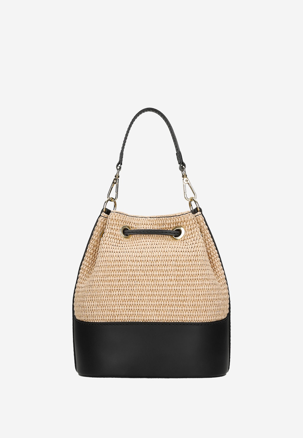 Beżowo-czarna torebka damska Wojas 80378-81, wykonana z plecionej rafii i czarnej skóry licowej, z czarnym uchwytem i złotymi zapięciami, typu worek.