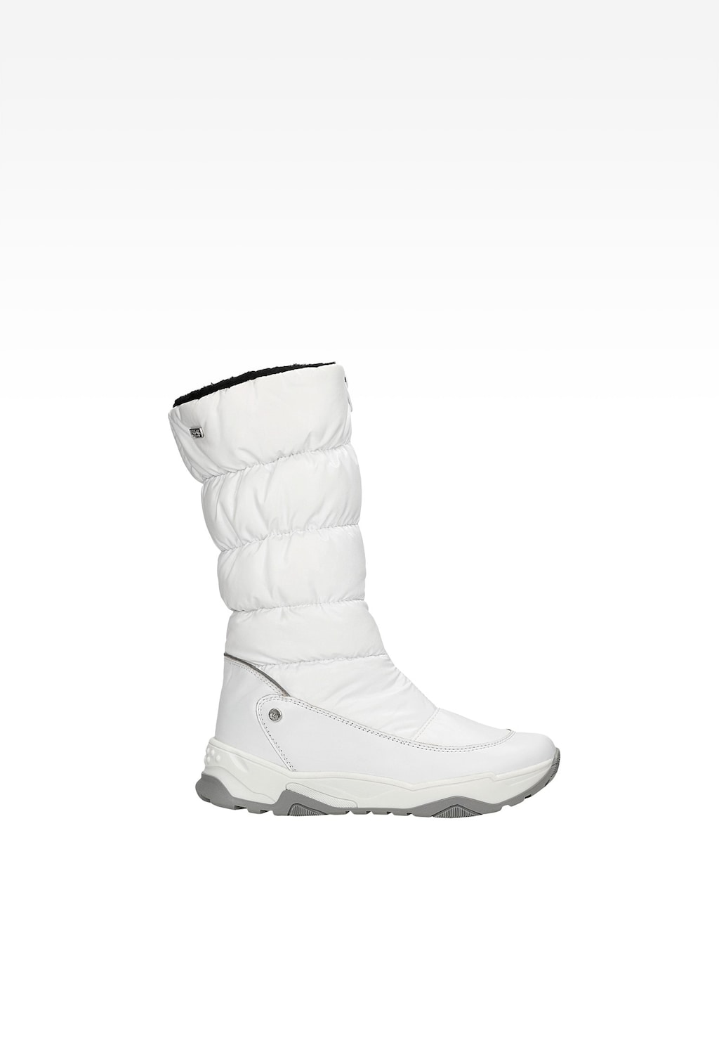 Biały, pikowany kozak ocieplane BARTEK W-67071L/BIT dla dziewcząt, z czarną podszewką, ociepleniem wewnętrznym i szarą podeszwą antypoślizgową, widok z boku.
