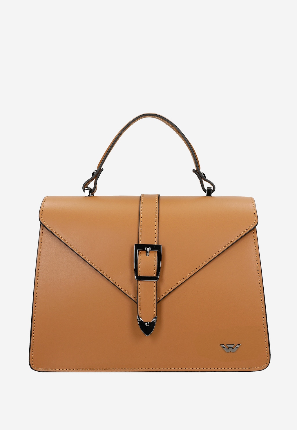 Jasnobrązowa torebka damska Wojas model 80337-53, elegancki kuferek wykonany z gładkiej skóry licowej z charakterystycznym zapięciem na klamrę i jednolitym uchwytem.