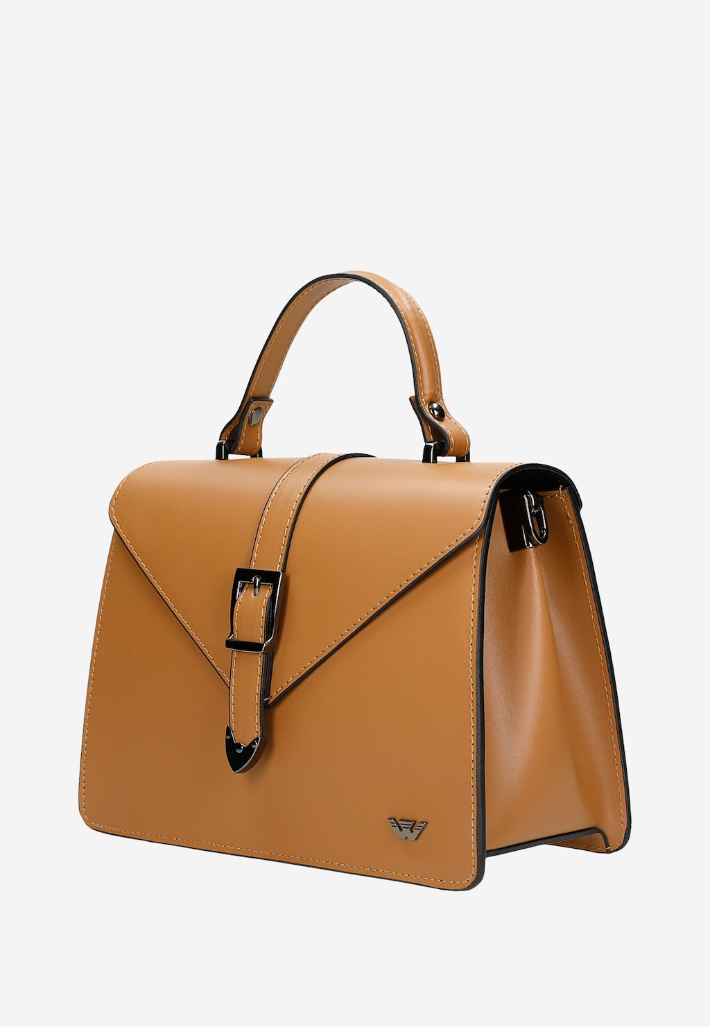 Jasnobrązowa torebka damska Wojas model 80337-53 w formie eleganckiego kuferka wykonana z gładkiej skóry licowej z metalowymi okuciami i charakterystycznym zapięciem na klapie.