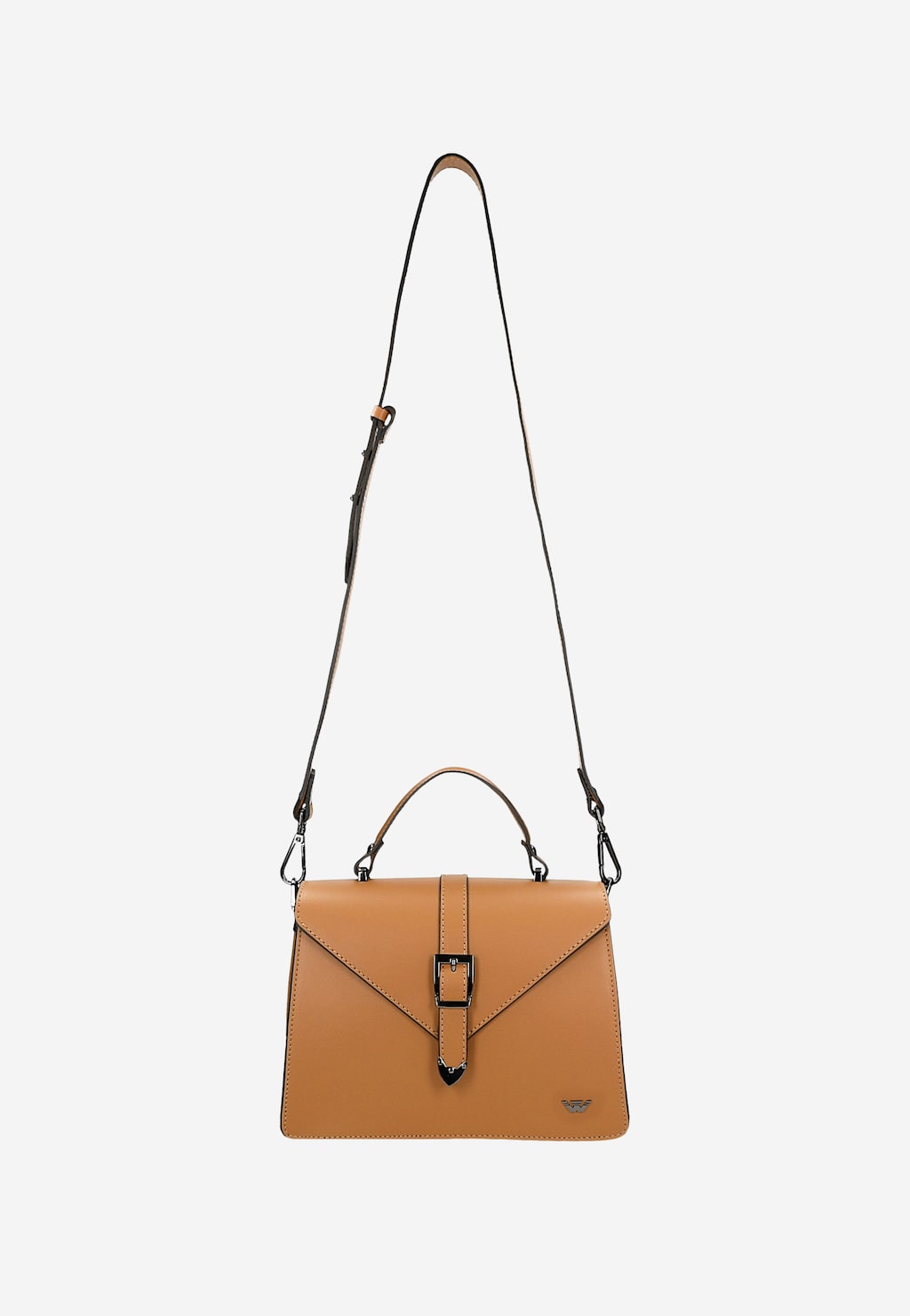 Jasnobrązowa torebka damska Wojas model 80337-53 w kształcie kuferka wykonana z gładkiej skóry licowej, z regulowanym paskiem na ramię i eleganckim zapięciem.