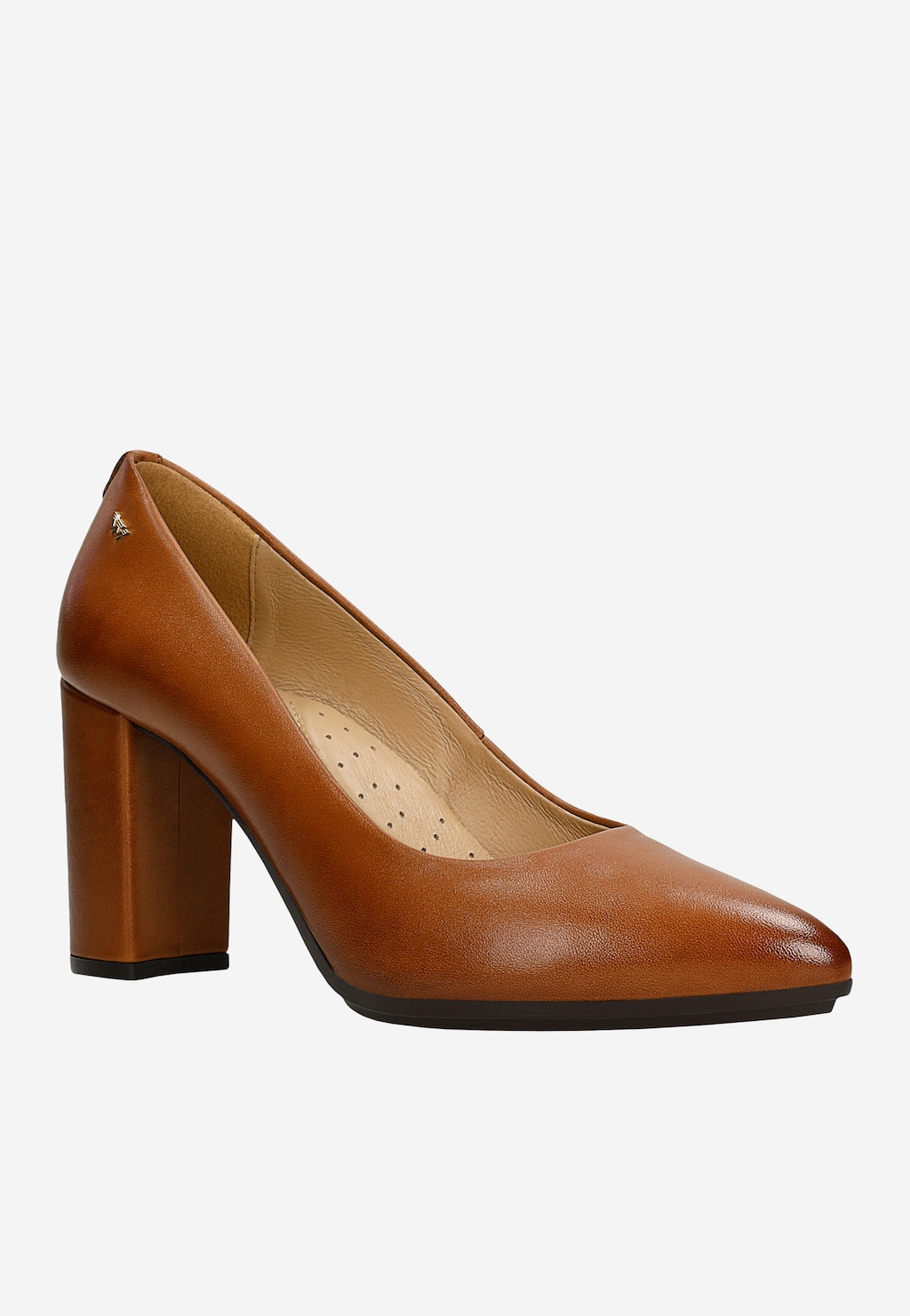 Brązowe eleganckie czółenka Wojas model 35072-52 ze skóry licowej z wysokim, stabilnym obcasem, zakończone szpiczastym noskiem, widok z boku.