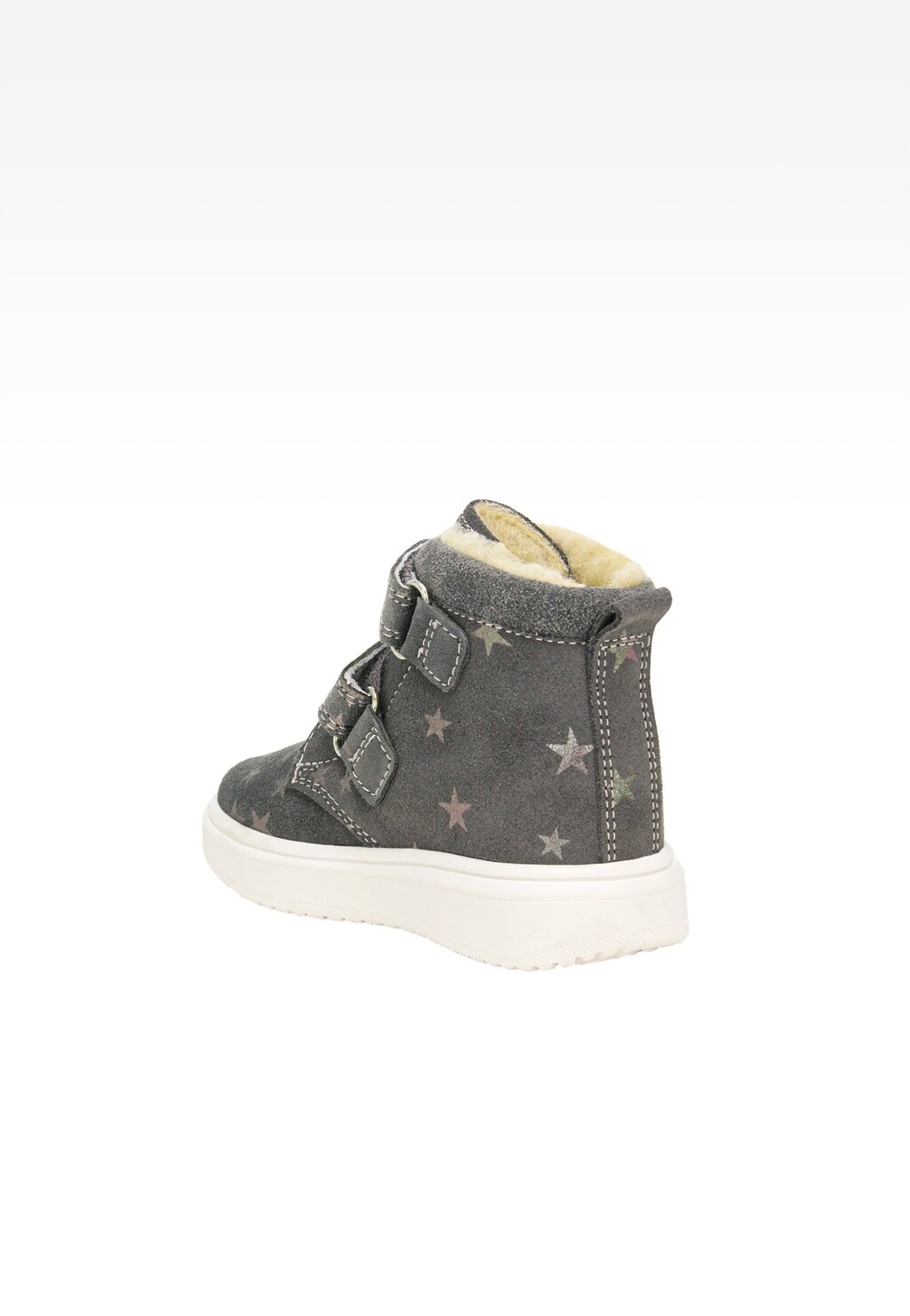 Trzewiki ocieplane BARTEK 11646016 w szaro-srebrnym kolorze z gwiazdkami, zapinane na rzepy, z futrzanym ociepleniem i białą podeszwą. Widok z boku.