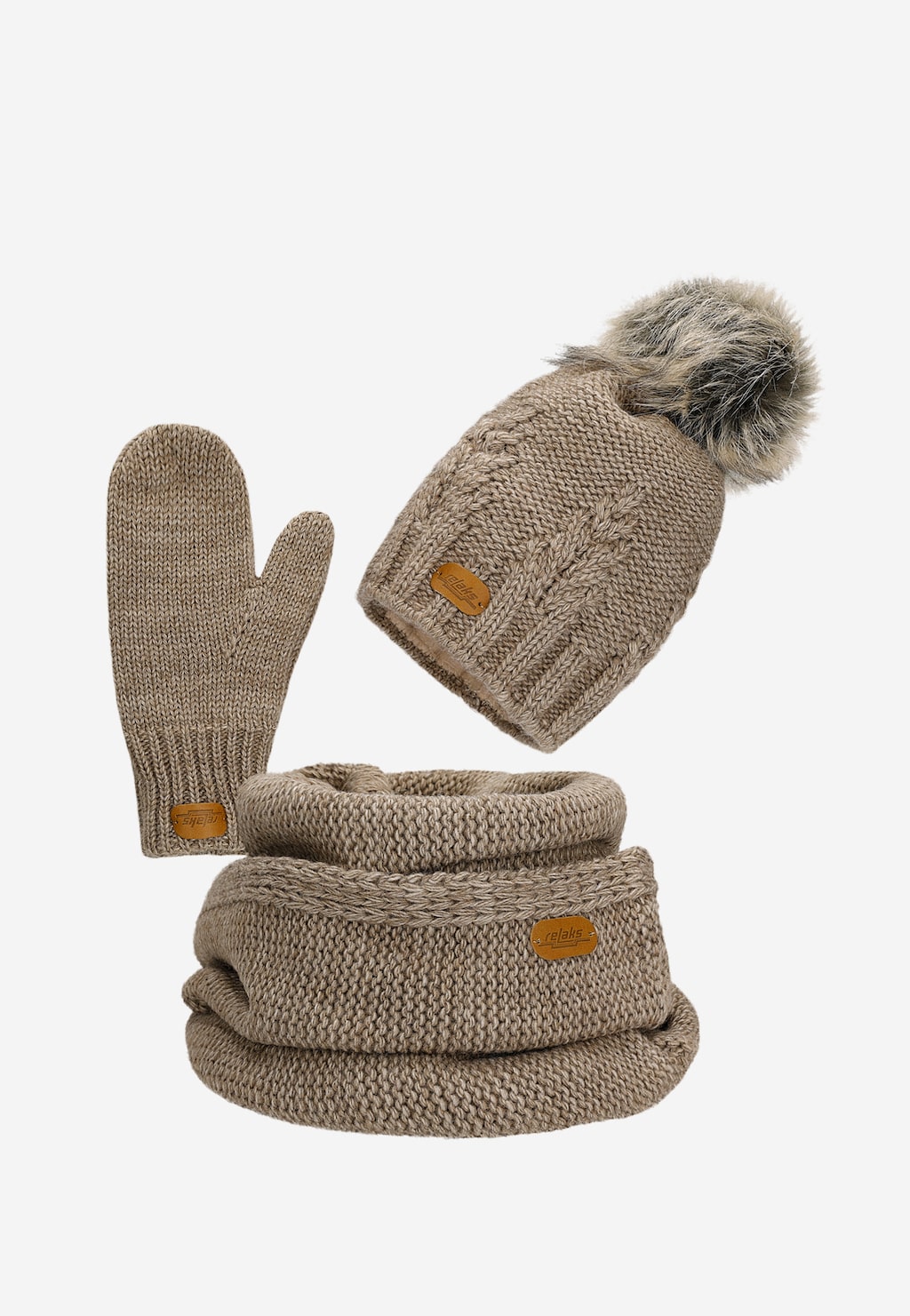 Béžový set RELAKS - čepice + šála + rukavice R96018-13 Widok 1