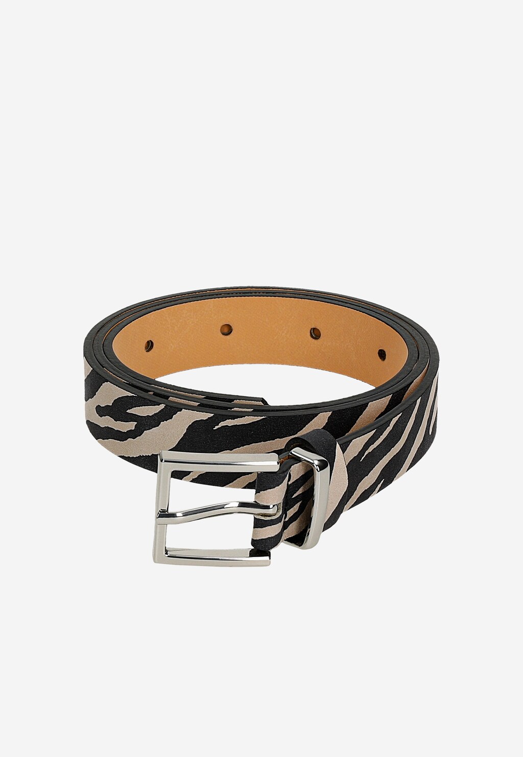 Beżowo-czarny pasek damski Wojas 9961-64 w modny zwierzęcy wzór zebry, z metalową srebrną klamrą i brązowym wnętrzem, idealny dodatek do stylizacji.