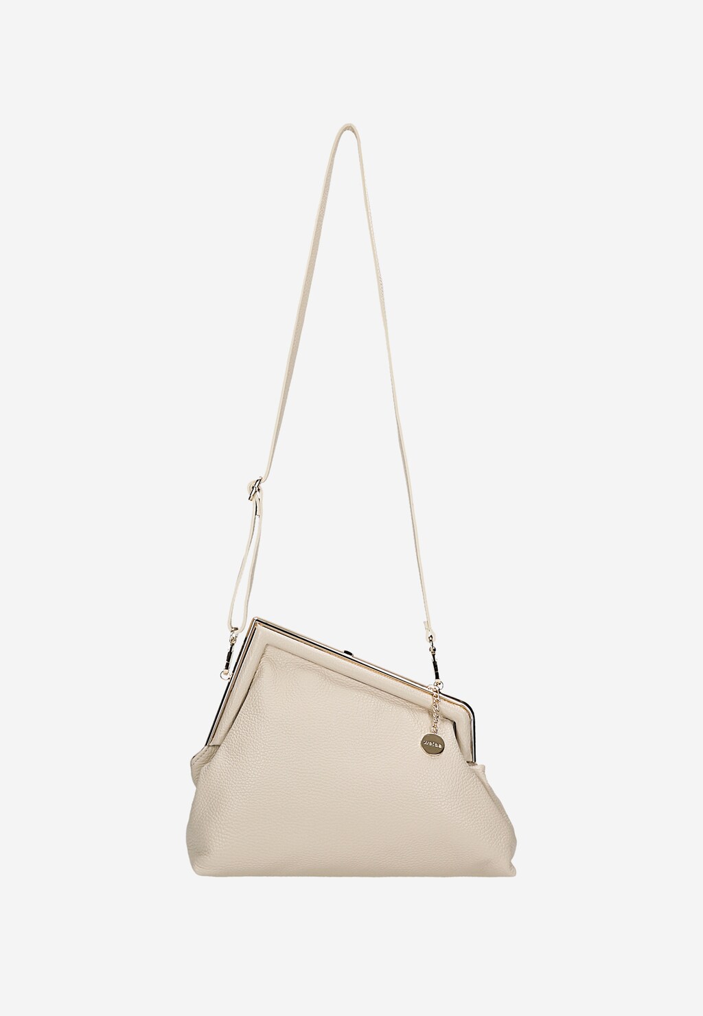 Mała asymetryczna torebka Wojas 80390-54 w jasnym beżu z zapięciem na ramkę, długim regulowanym paskiem i zawieszką z logo, prezentowana z boku.