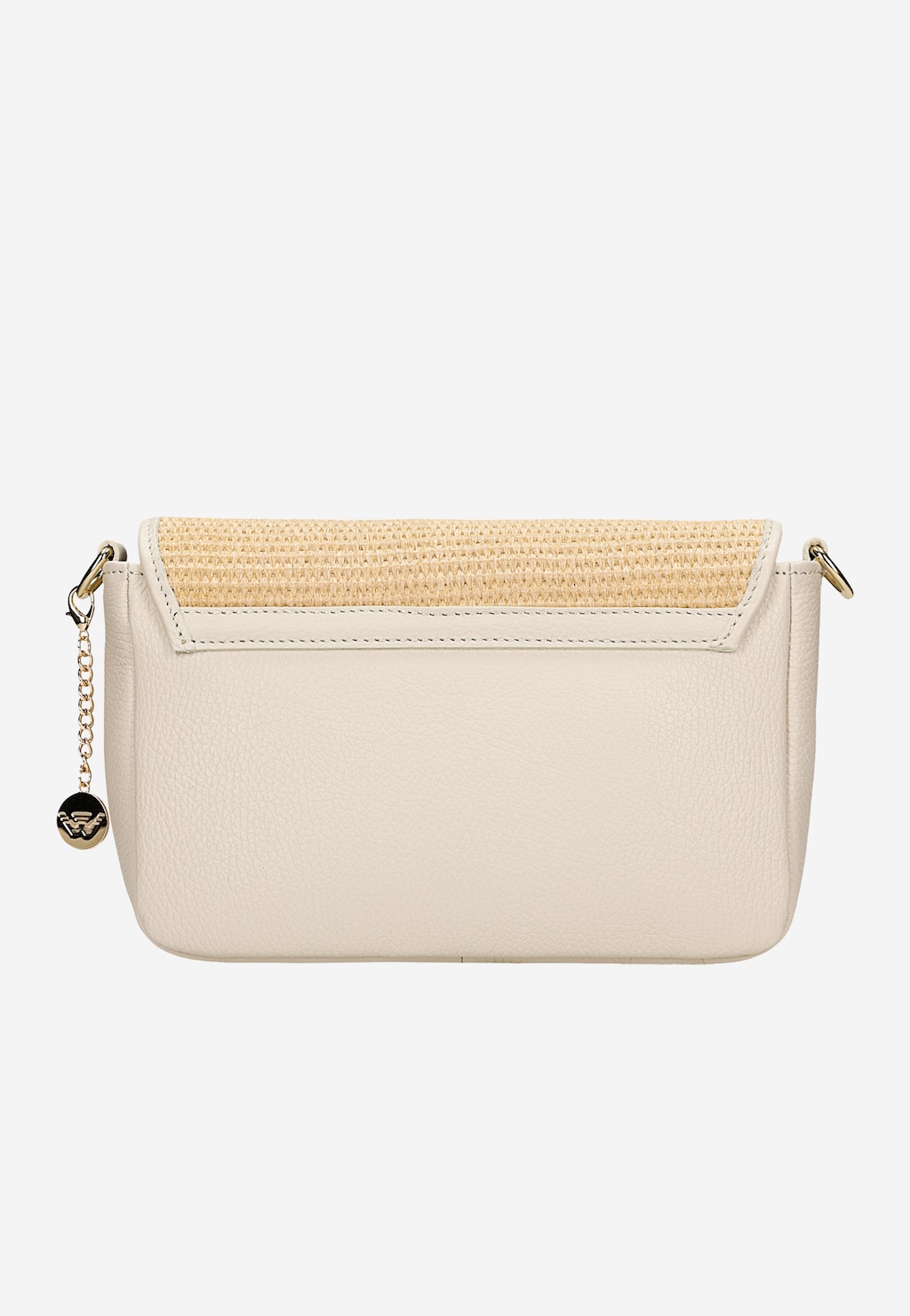 Mała beżowa torebka Wojas 80377-84 ze skóry licowej z górną klapą z rafii, złotymi elementami i charakterystycznym brelokiem na łańcuszku, idealna na letnie okazje.