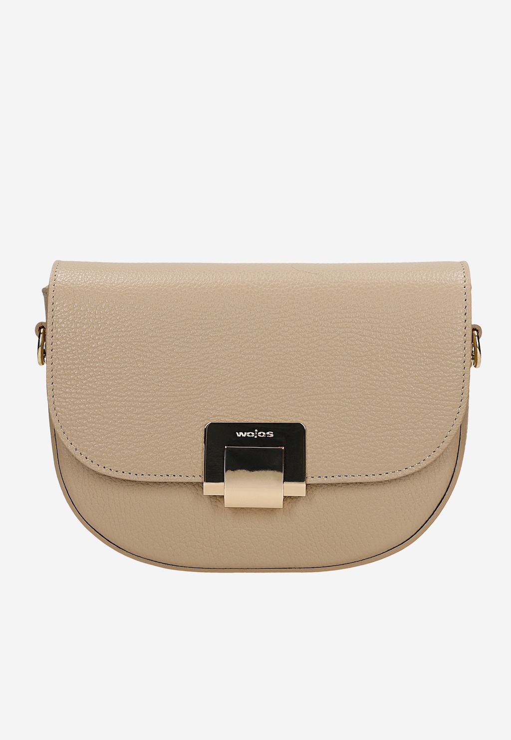 Beżowa półokrągła torebka damska Wojas model 80313-54 ze skóry ziarnistej z eleganckim metalowym zapięciem i logo marki, widok z przodu.
