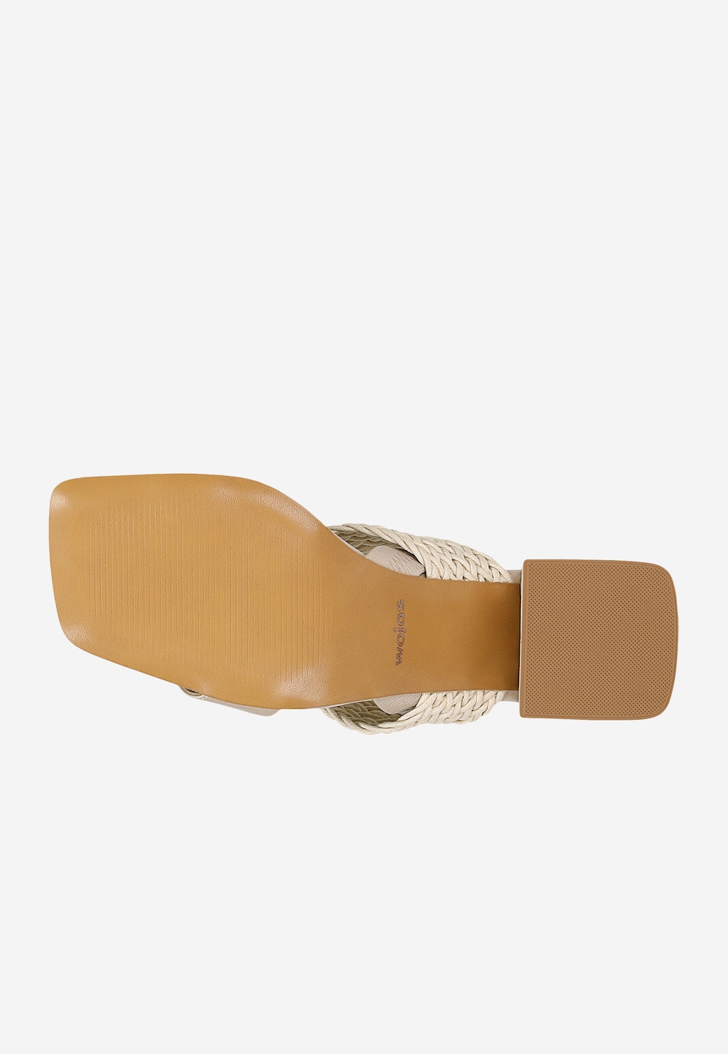 Sandały Wojas model 76165-84 w kolorze beżowym z widoczną podeszwą i charakterystycznym plecionym paskiem. Eleganckie obuwie na słupku z logo marki na spodzie.
