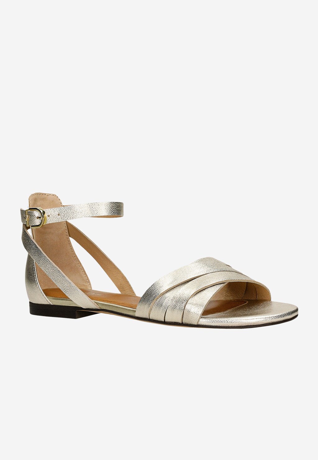 Złote sandały Wojas model 76015-58 z płaską podeszwą, widok z boku. Elegancki design z paskiem wokół kostki i ozdobnymi skrzyżowanymi paskami na przodzie.