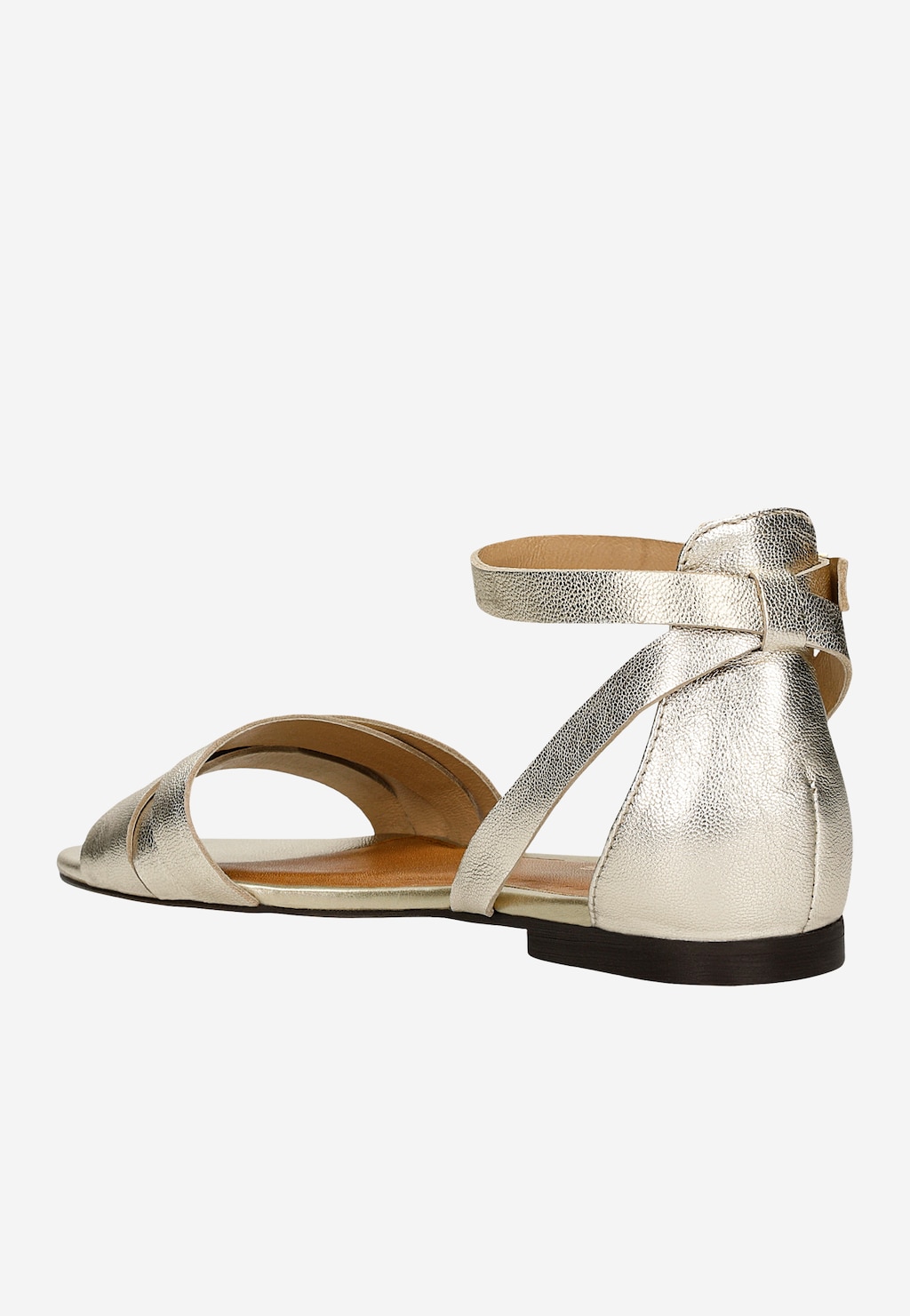 Złote sandały Wojas 76015-58 z płaską podeszwą, widok z boku. Eleganckie skórzane paski krzyżujące się na przodzie i zapięcie na kostce. Idealne na lato.