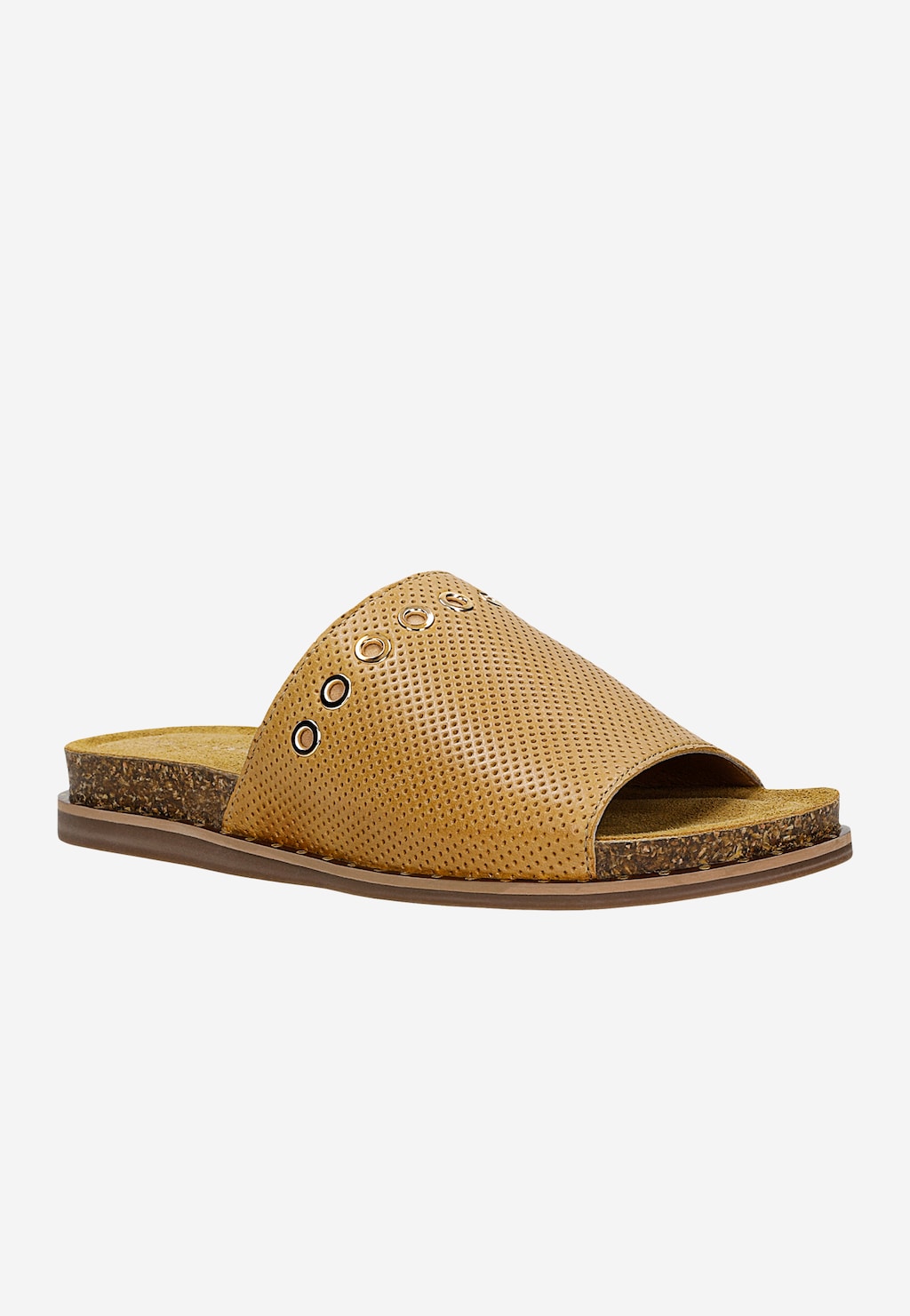 Klapki damskie Wojas 74028-54 w kolorze karmelowym z perforowaną skórą i złotymi oczkami. Korkowa podeszwa z brązowym wykończeniem zapewnia wygodę noszenia.