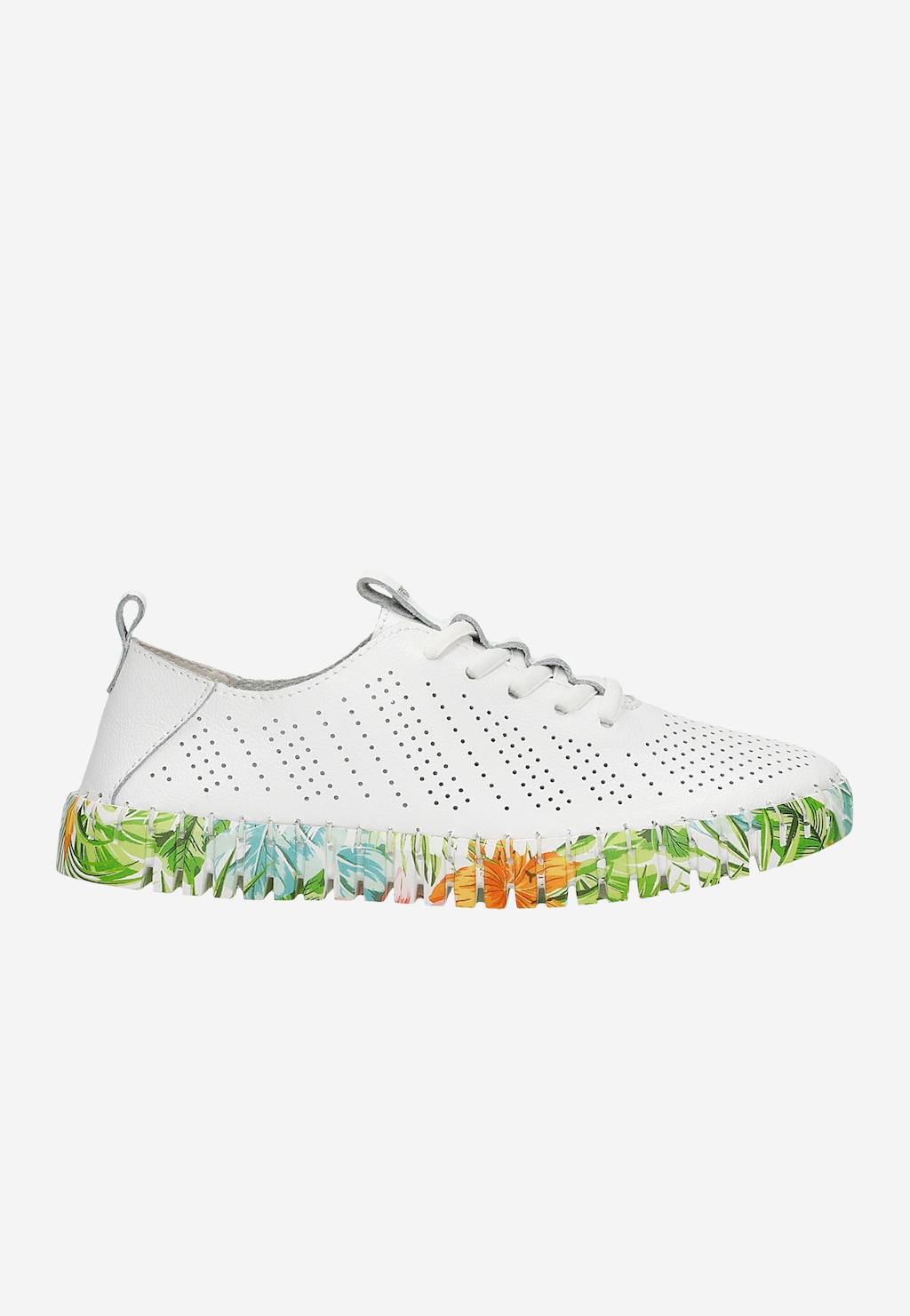 Białe trampki Wojas 46267-59 z perforowaną skórą, na kolorowej podeszwie z kwiatowym wzorem. Buty sportowe z zieloną, niebieską i pomarańczową dekoracją.