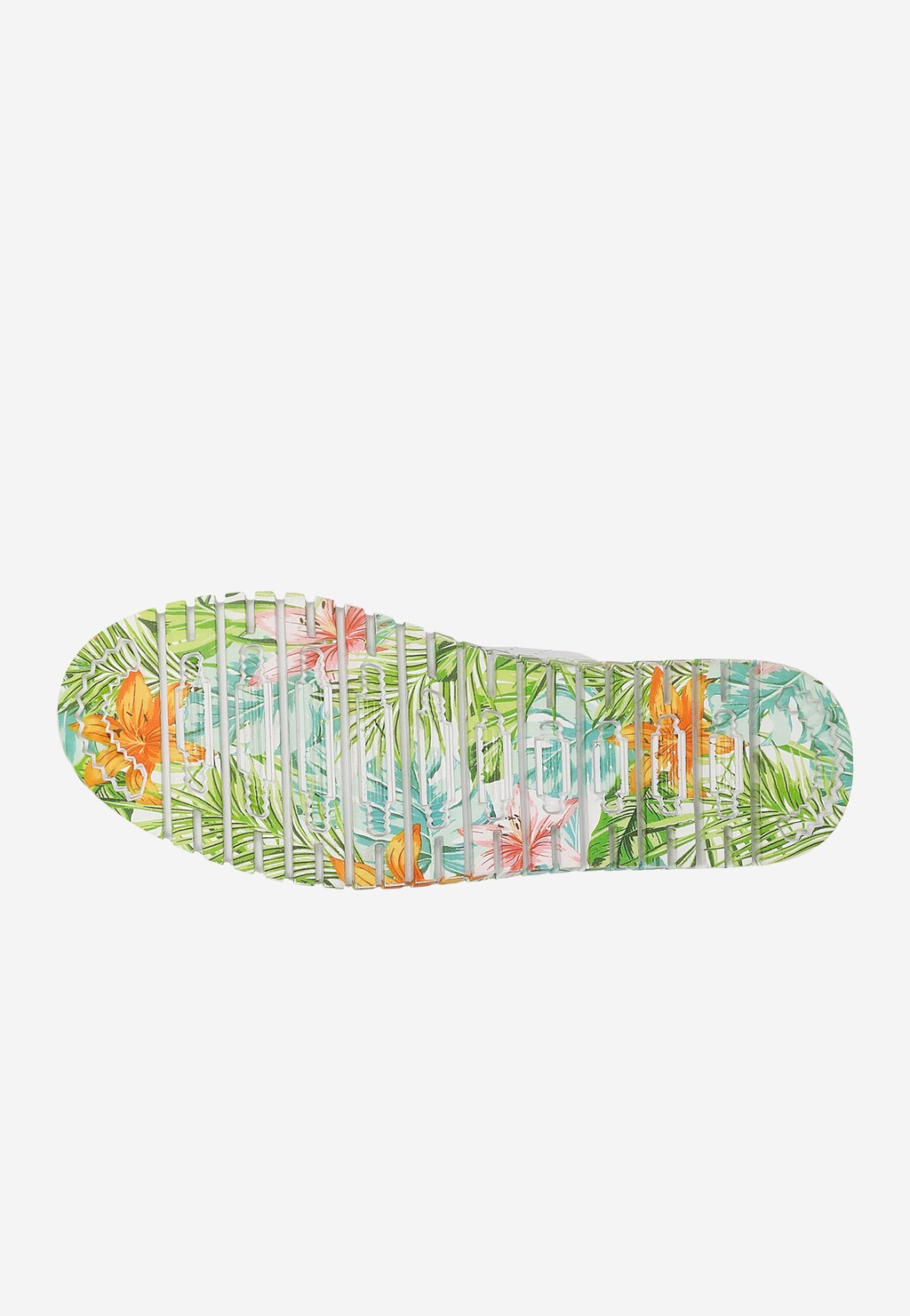 Podeszwa białych trampek Wojas model 46267-59 z tropikalnym, kwiatowym wzorem w kolorach zieleni, pomarańczu i różu, z wyraźnymi żłobieniami antypoślizgowymi.