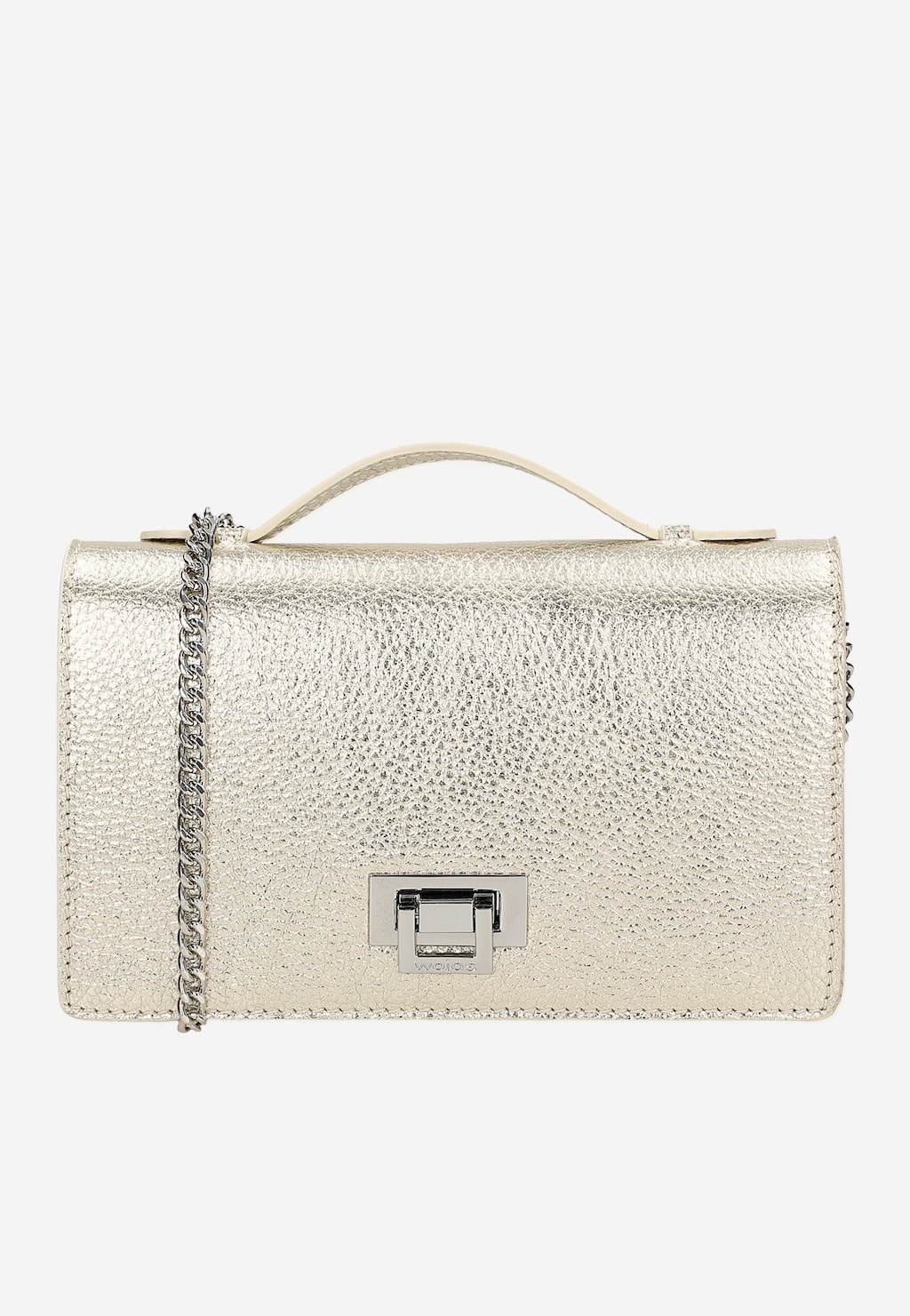 Złota wizytowa torebka Wojas 80295-58 ze skóry licowej z metalowym zapięciem i łańcuszkiem. Elegancki model z uchwytem, idealny na wieczorne wyjścia.