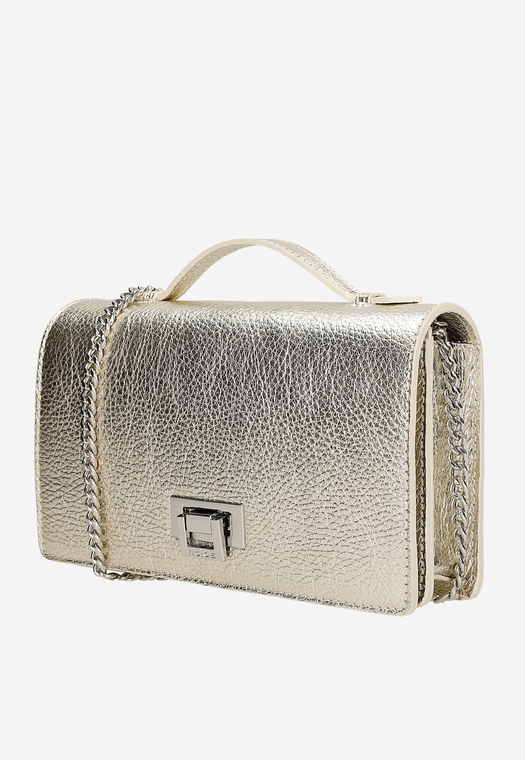 Złota wizytowa torebka damska Wojas 80295-58 ze skóry licowej z metalowym zapięciem i łańcuszkiem, elegancki model z uchwytem u góry.