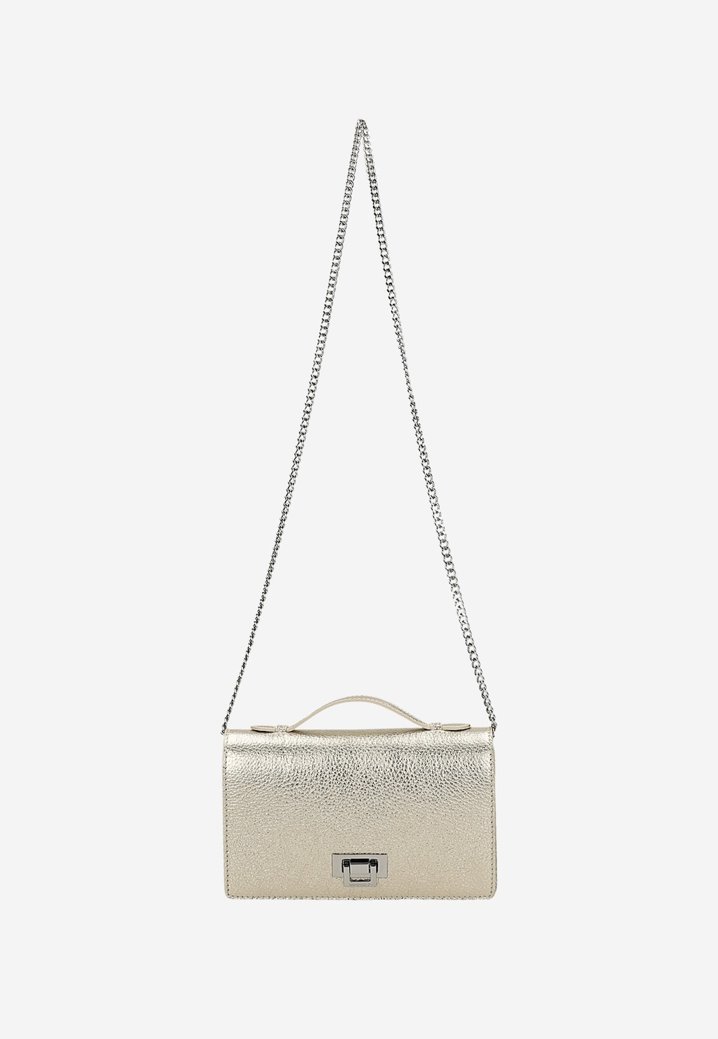 Złota wizytowa torebka damska Wojas 80295-58 ze skóry licowej z metalowym łańcuszkiem, widok z przodu ukazujący elegancki kształt i zapięcie.