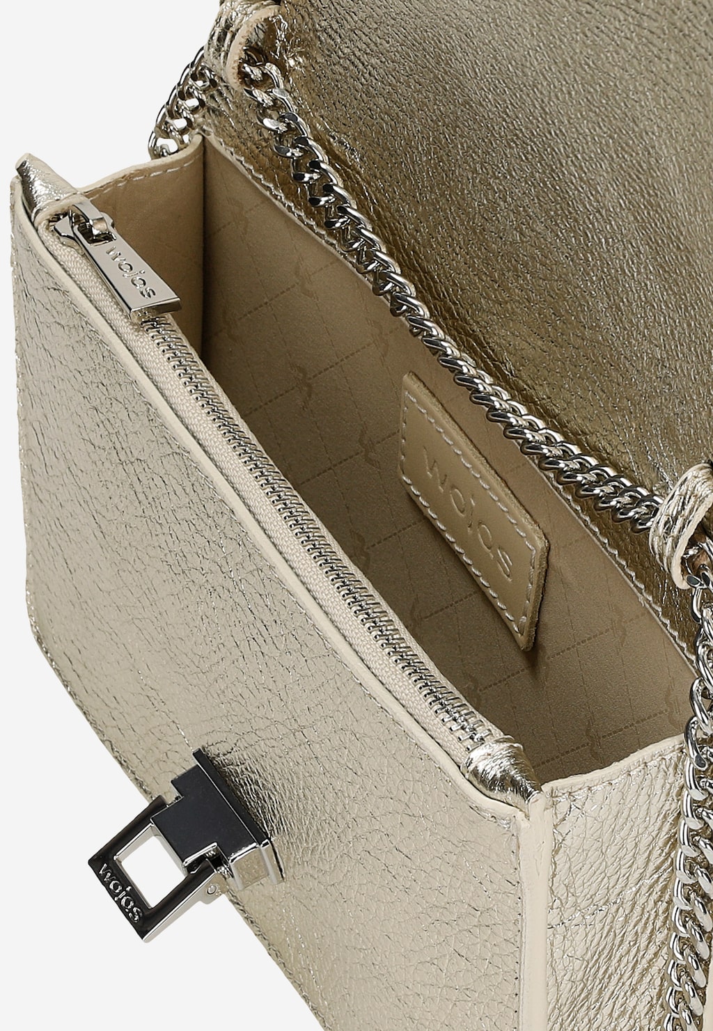 Złota wizytowa torebka Wojas 80295-58 ze skóry licowej, otwarta z widocznym wnętrzem, eleganckim zapięciem i łańcuszkiem, wykonana z wysokiej jakości materiałów.