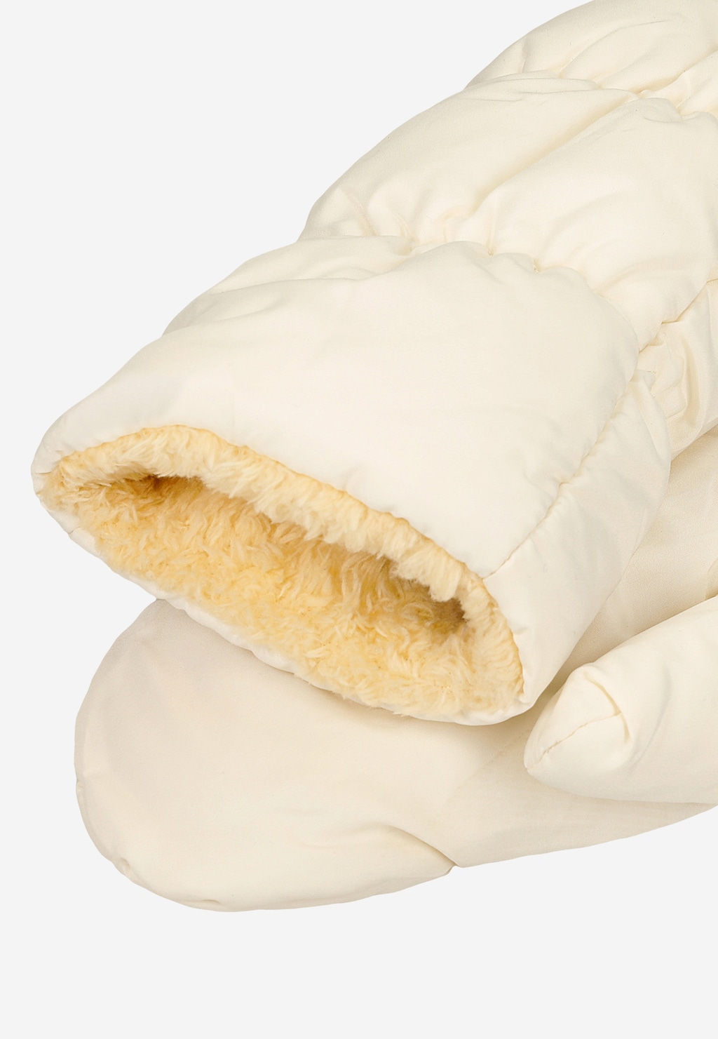 Beżowe ocieplane rękawiczki RELAKS model R95004-44 z jednym palcem, ukazujące miękkie futrzane ocieplenie w kolorze kremowym wewnątrz rękawicy.