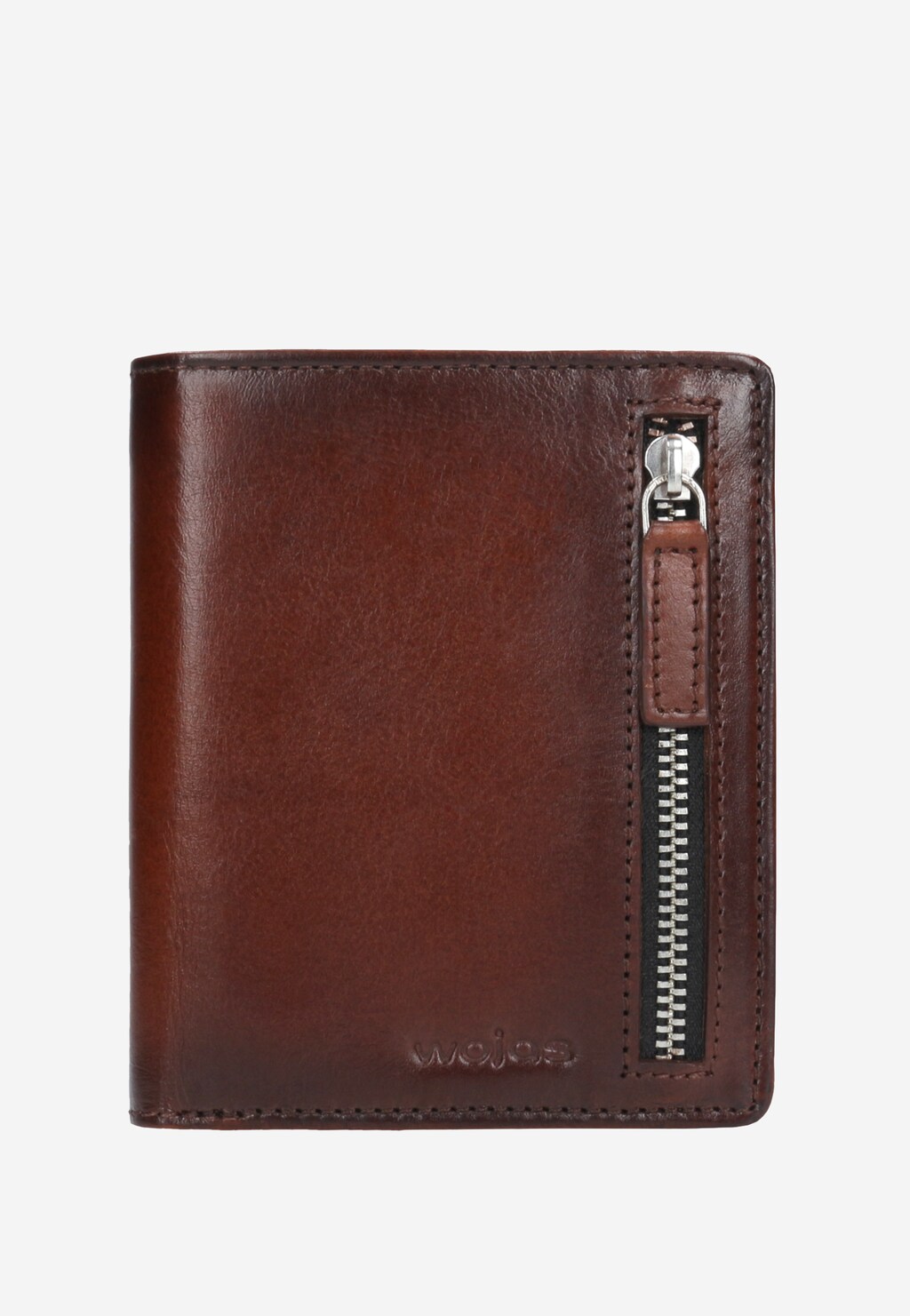 Elegancki brązowy portfel męski Wojas model 9959-52 z boczną kieszenią na zamek błyskawiczny, wykonany z wysokiej jakości skóry naturalnej.